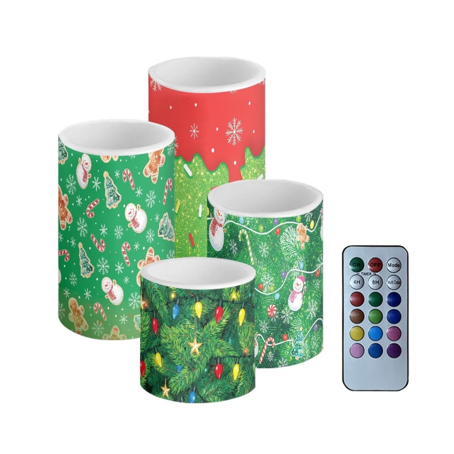 NETILGEN Christmas Theme Decorative LED Flameless Candles Set of 4 with Remote Control Timer, Dancing Flame Pillar Candles for Indoor Home Decoration