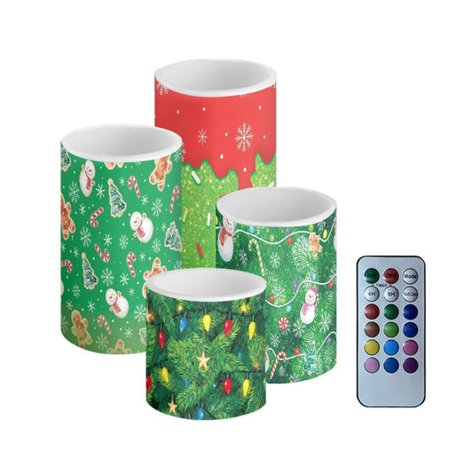 NETILGEN Christmas Theme Decorative LED Flameless Candles Set of 4 with Remote Control Timer, Dancing Flame Pillar Candles for Indoor Home Decoration