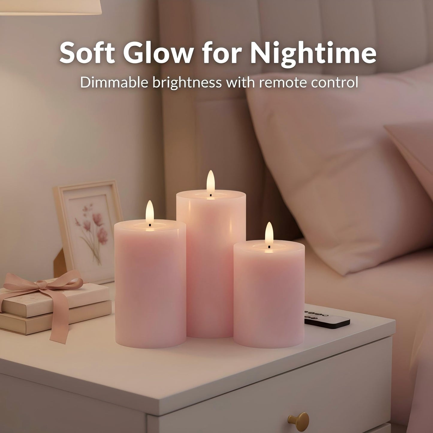 ANGELLOONG Pink Flameless Candles with Remote and Timer, Set of 3 Real Wax LED Pillar Candles Battery Operated Fake Candles for Pink Christmas Decor, Bedroom Bathroom