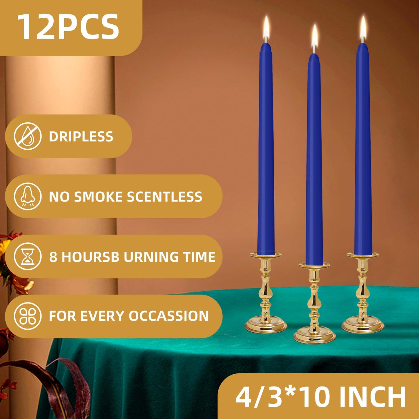 LYOBATH 12 Pack Blue Taper Candles - Taper Candles 10 Inch Dripless, Smokeless & Unscented - 8 Hours Long Burning - Ideal for Weddings, Dinner Parties, and Home Decor