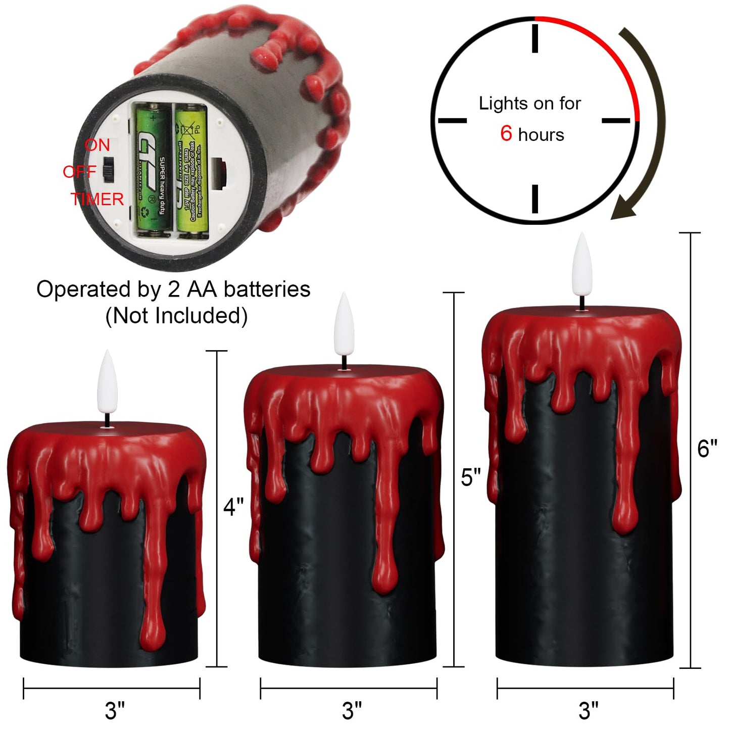 DRomance Battery Operated Flameless Candles with 6H Timer, Blood Dripping Wax Effect Black LED Pillar Candles 3D Wick Flickering Spooky Halloween Indoor Decoration Light(3 Pack, 3 x 4,5,6 Inches)