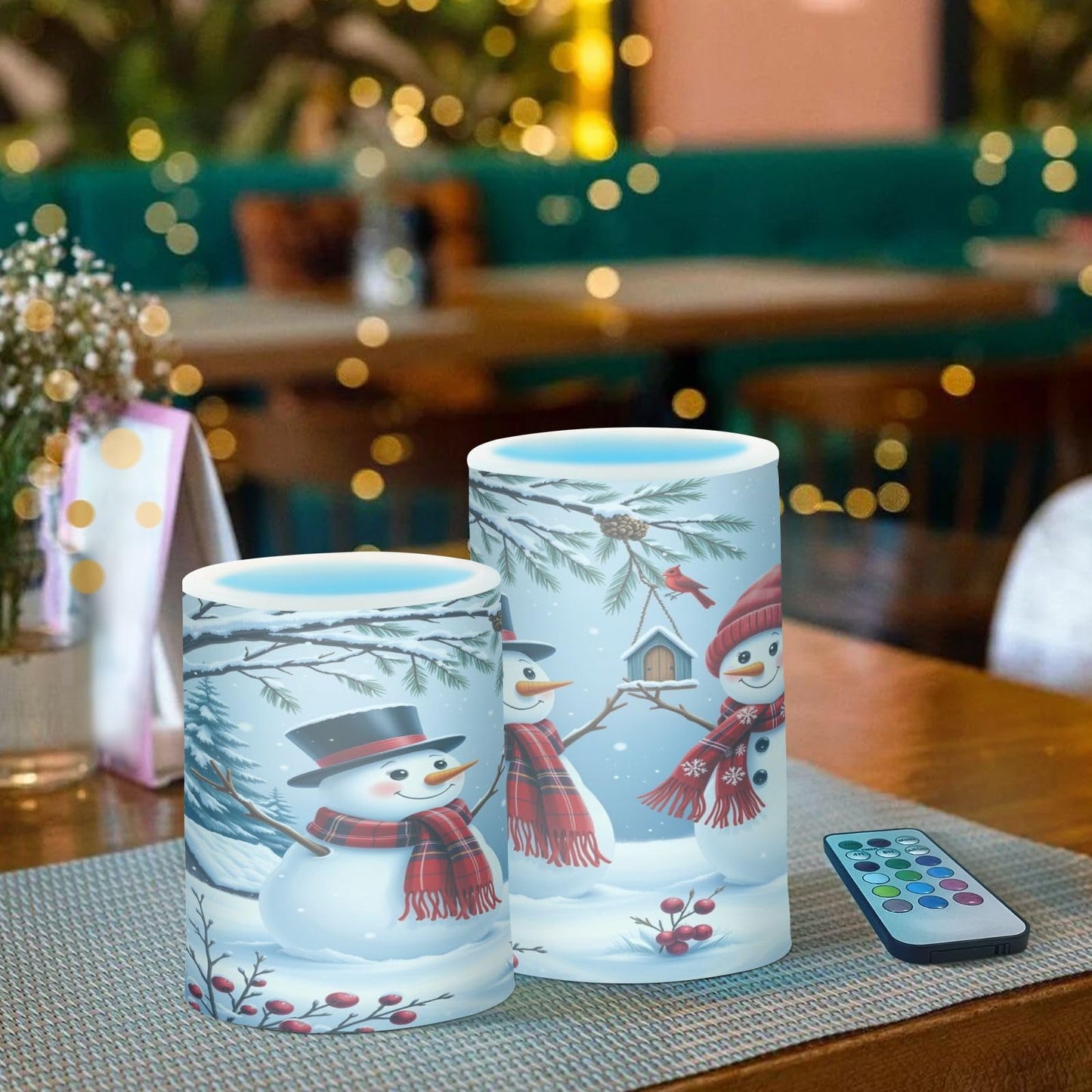 Eionryn Christmas Winter Snowman Couple Flameless Candles Battery Operated LED Candles with Remote Timer Electric Candles for Home Party Decor 2pcs