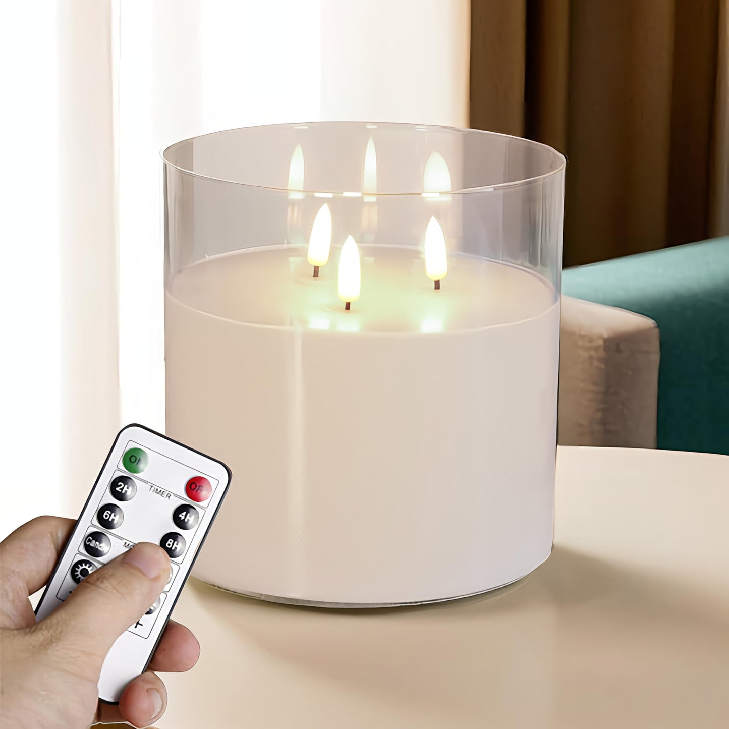 NICEME Extra Large 3 Wick Battery Operated Candle, 6"x6" Big Clear Glass Flameless Candles with Remote, Real Wax Flickering Led Pillar Fake Giant Candle for Wedding Party Holiday Home Decor, White