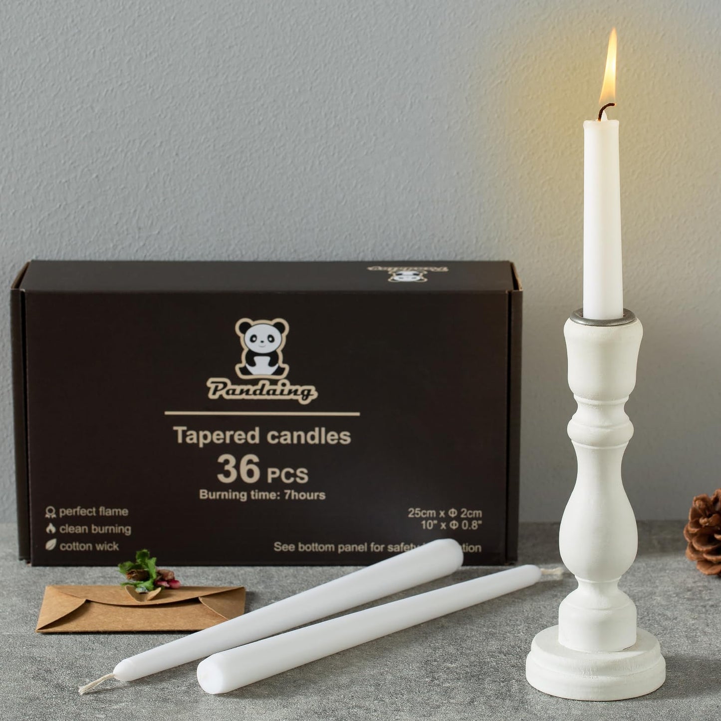 Pandaing 36 Pack White Taper Candles, 6-7 Hours Burn Time, Unscented and Smokeless, 4/5 x 10 Inch Dinner Candle Set for Household, Wedding, Party and Home Décor Candlesticks