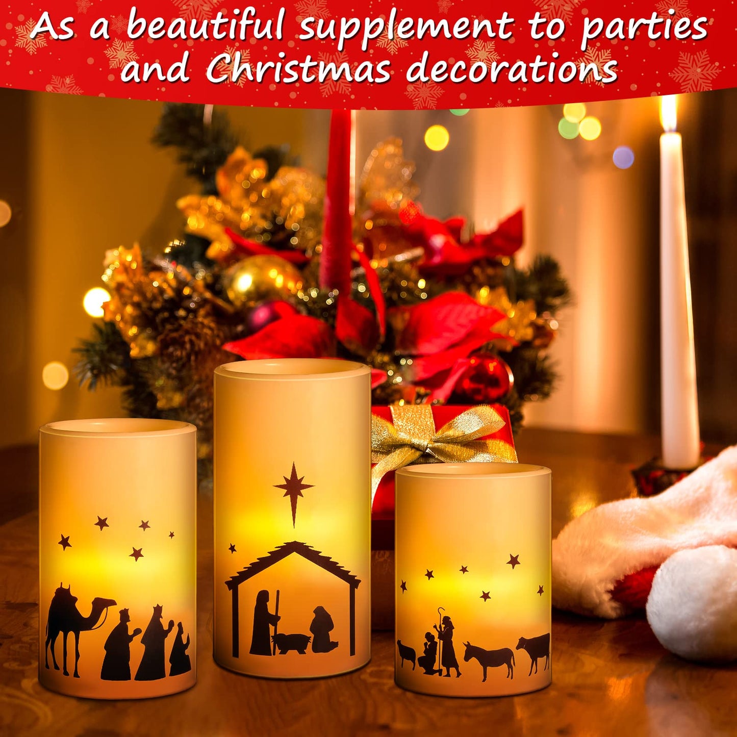 Nuanchu 3 Pcs Nativity Scene Candles Flameless Christmas LED Candles Battery Operated Warm Light for Advent Indoor Outdoor Home Table Decorations Christmas Holiday Decor