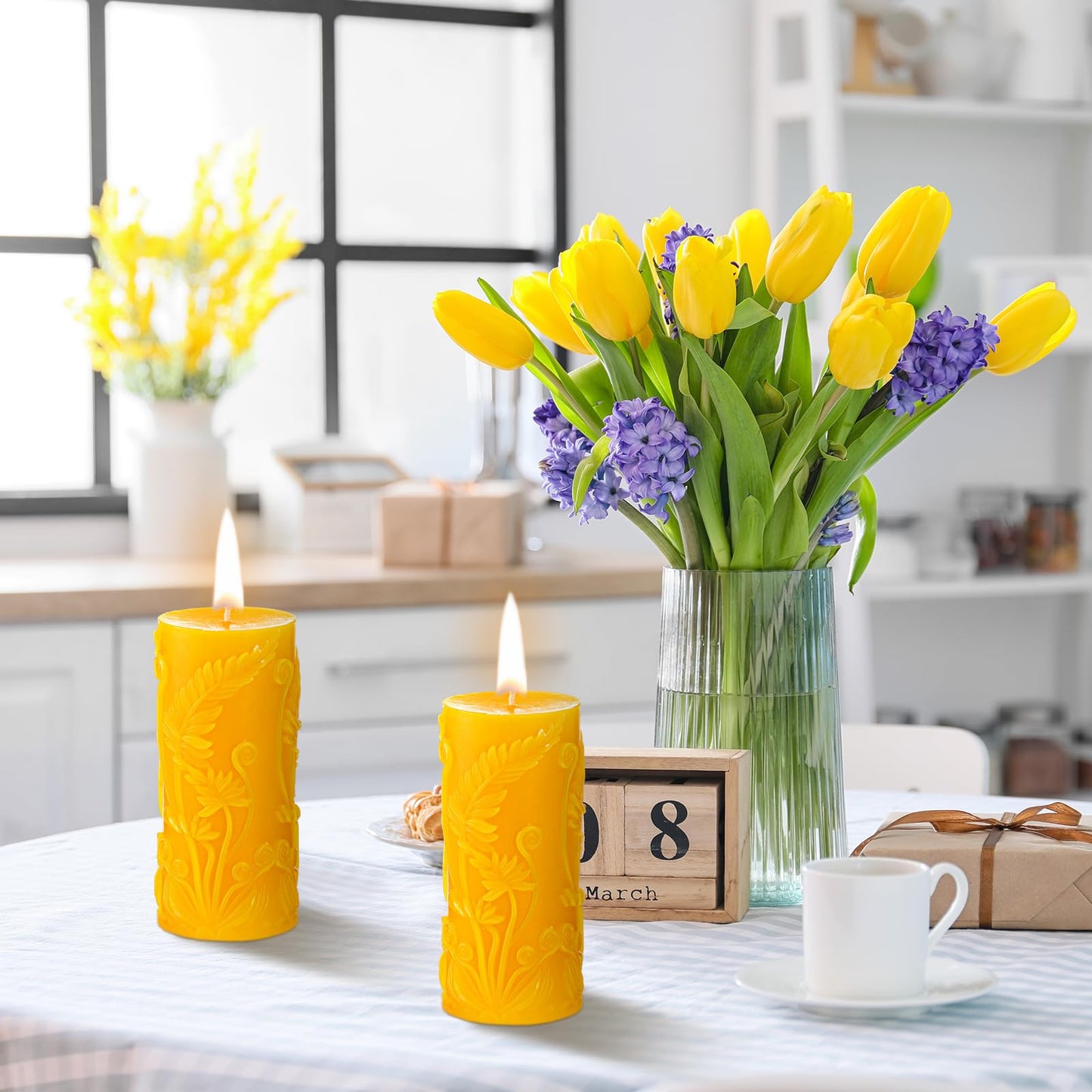 Conelist 2 Pcs Beeswax Pillar Candles Yellow Pillar Candles with Floral Carved 4.6x2.1 Inch 100% Natural Beeswax, Long Burning Gift Wedding Home Decor