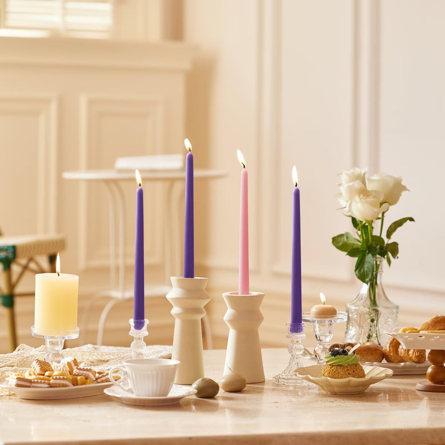 Pickood 10-Inch Tall Dripless Advent Candles Set of 12, Tapered Candles, Perfect for Christmas - Smokeless, Unscented, Long Burning - Hand Poured, Colored Tall Candlesticks - Pink and Purple
