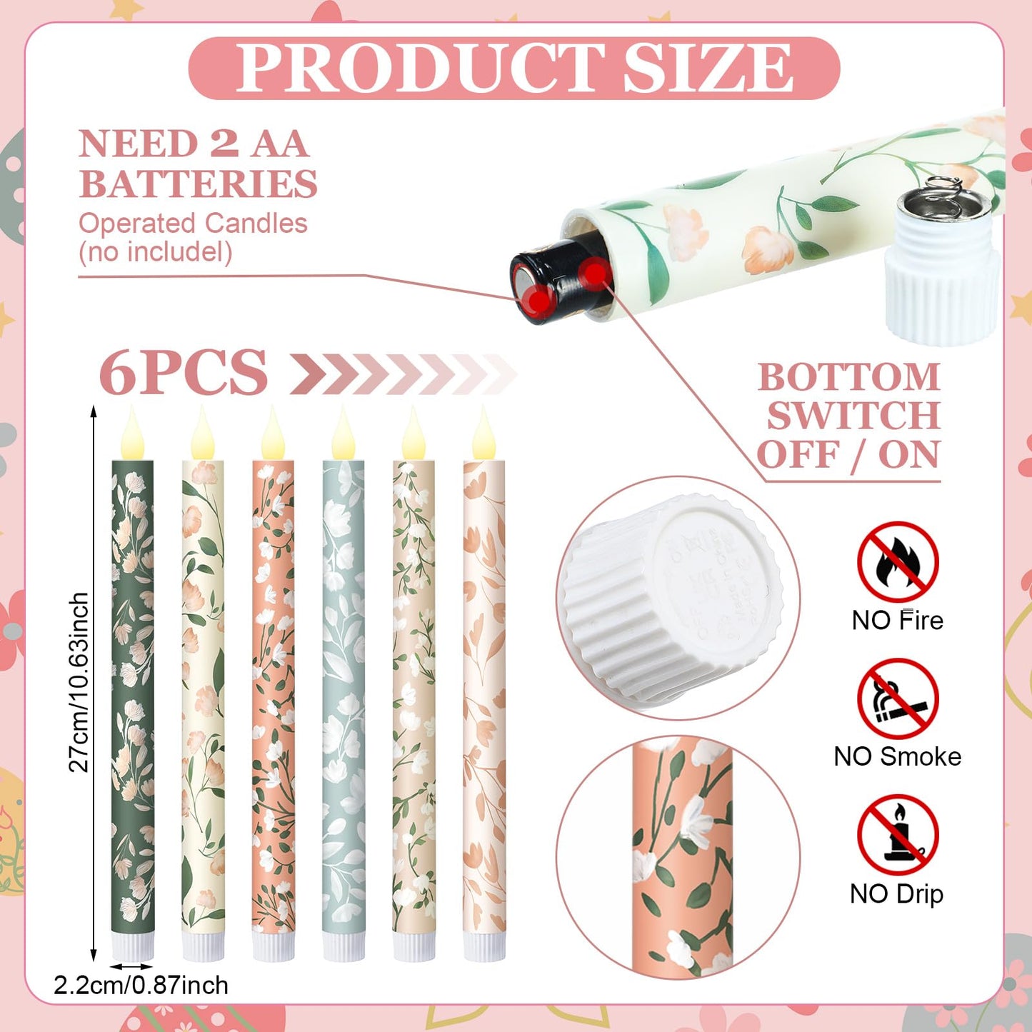 Honoson 6 Pcs Mother's Day Flameless Taper Candles 10.6 Inch Pastel Spring Flower Candles Battery Operated LED Candlesticks for Mother's Day Dinner Table Home Party Decor