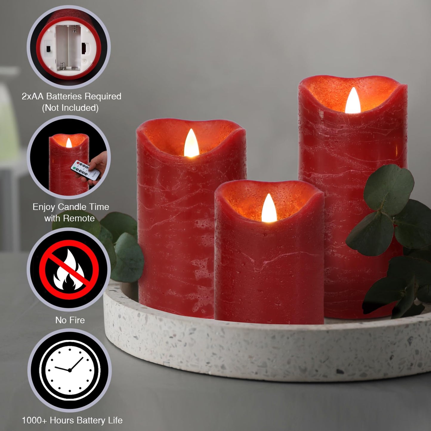 7LinRay Burgundy Flameless Candles with Remote, Real Wax Battery Operated LED Candles, Flickering Flameless Pillar Candles for Wedding, Festival, Set of 3