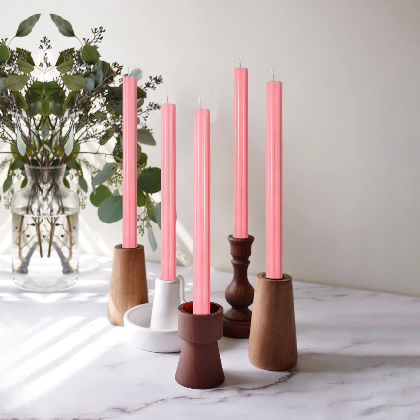 Dripless Taper Candles Unscented Pink Long Taper Candles Smokeless 10 Inch Roman Column Design Dinner Candlesticks for Home Decoration Women Gifts(2Pcs)