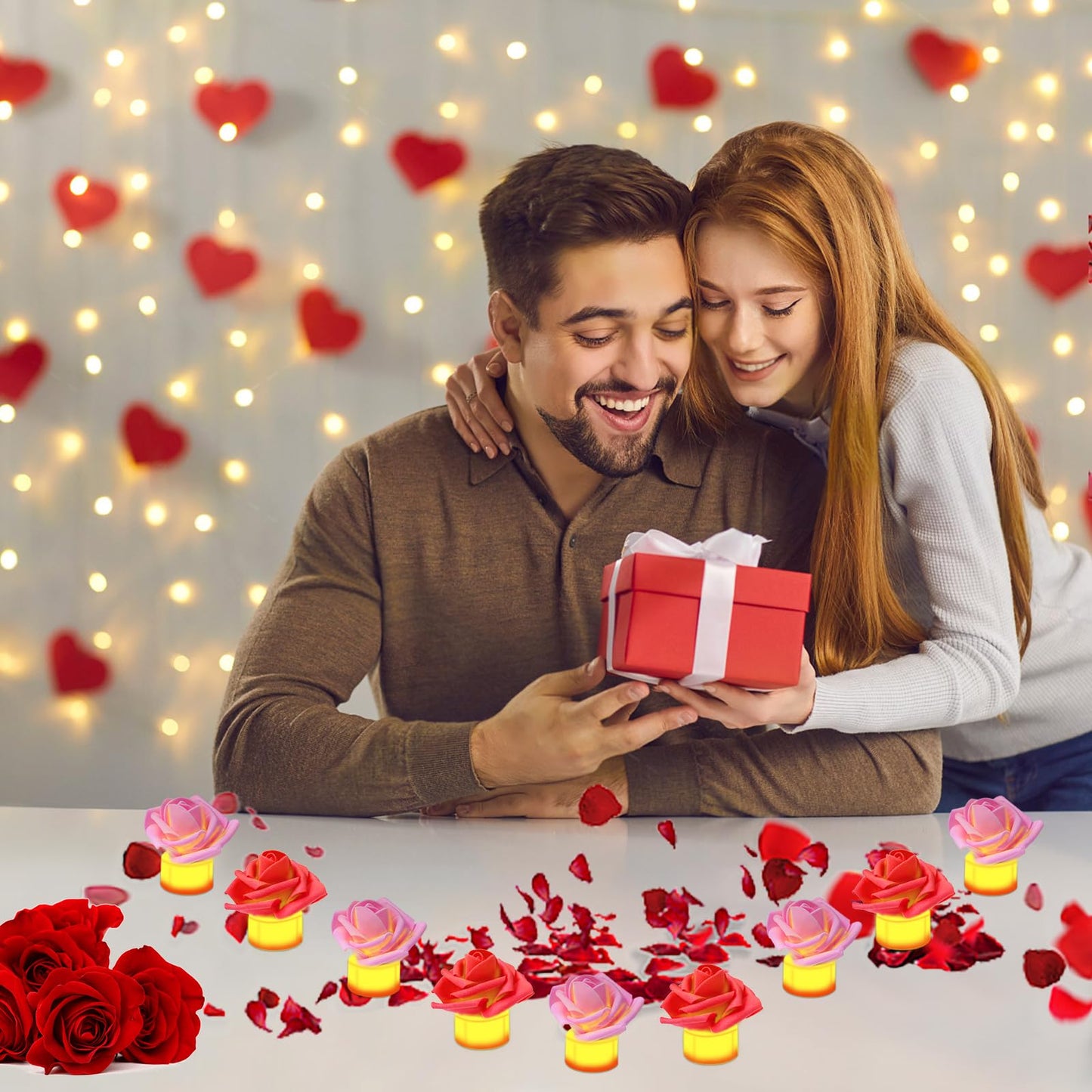 YBB 24 Pack Artificial Rose Tea Light, Valentine's Day Rose Petals Flameless LED Candle Lights for Romantic Night Anniversary Wedding Party Decor