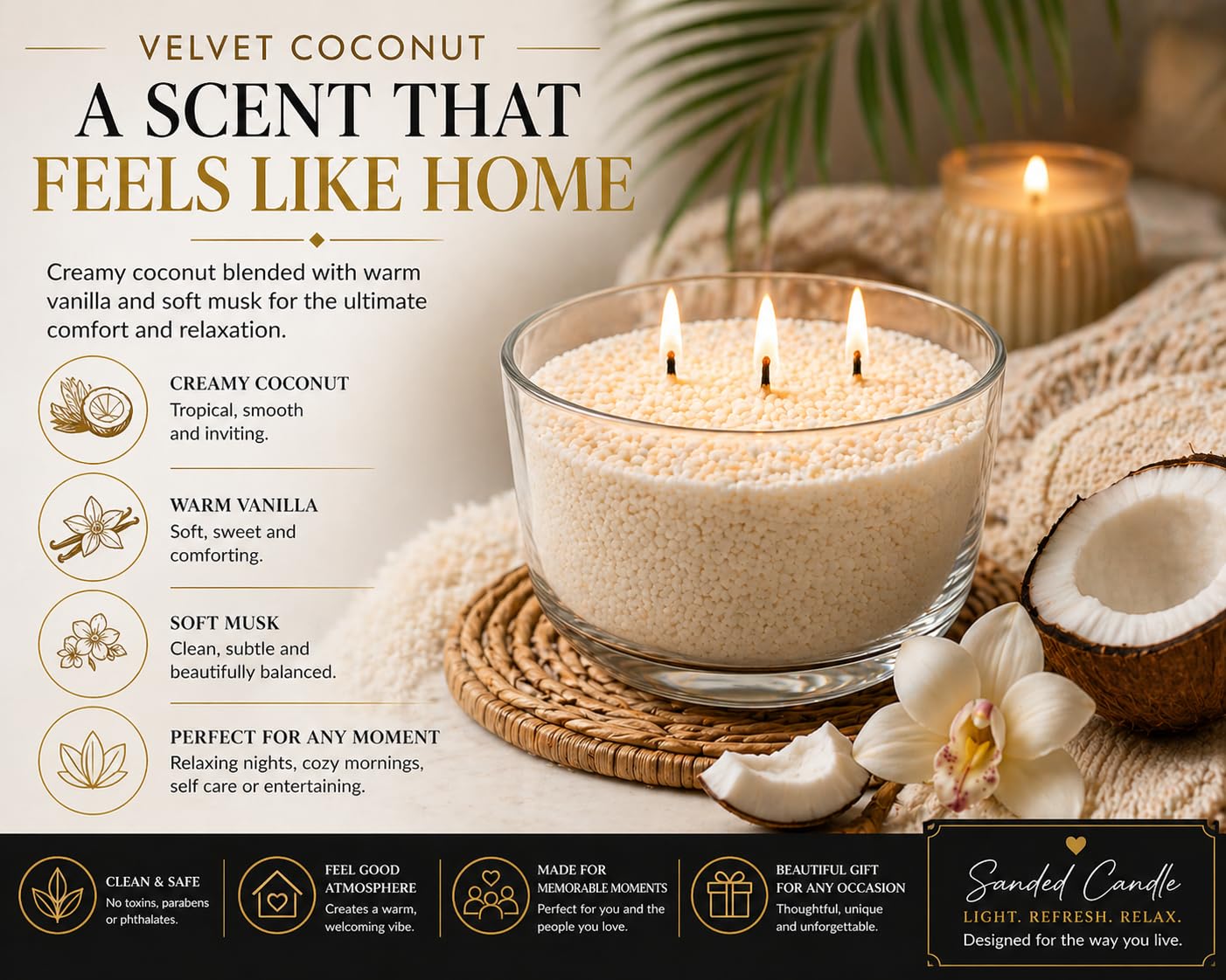 Candle Sand Wax 1 LB – Southern Alora Refillable Sand Candles with 10 Cotton Wicks – DIY Candle Kit for Wedding Centerpieces, Table Decor & Modern Home Decor (Velvet Coconut)