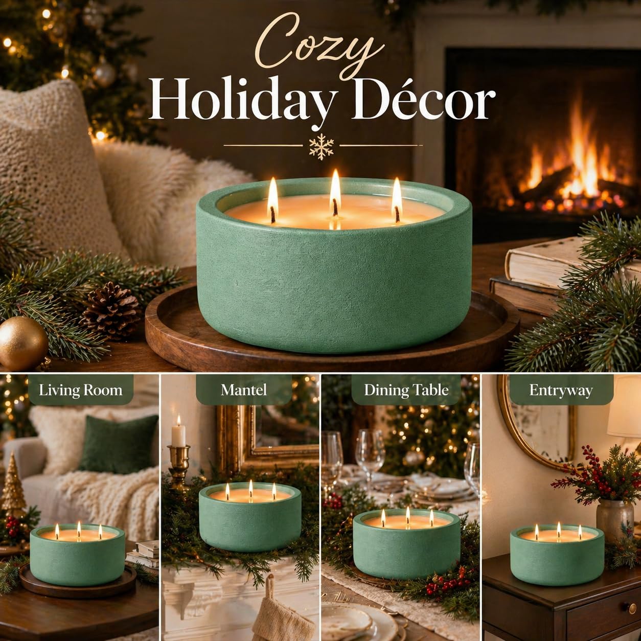 Viyffo 3 Wick 20oz Large Green Scented Candle – Pine & Cinnamon, Non Toxic Soy Candle for Women & Men, Matte Ceramic Jar, Perfect Luxury Home Fragrance, Elegant Décor & Premium Gift