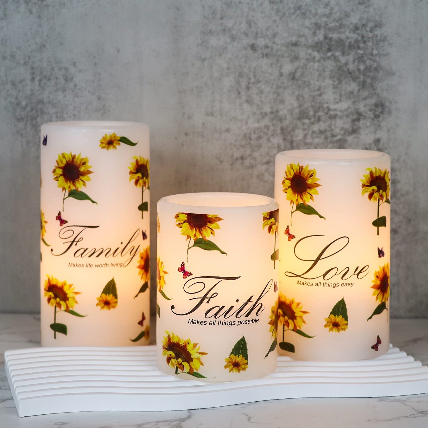 DRomance Sunflower Flameless Flickering Candles with 6H Timer, Set of 3 Battery Operated White Real Wax LED Pillar Candles Party Dinner Wedding Spring Decor(3 x 4,5,6 Inches)