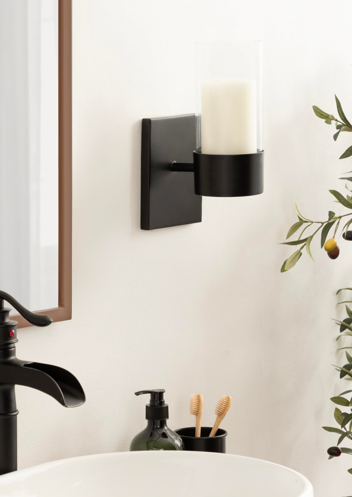 Kate and Laurel Zabler Modern Metal Wall Sconce; 5 x 6 x 10; Black; Round Candle Holder with Removable Glass Cylinder for Flameless Candle Display in Bedroom or Bathroom