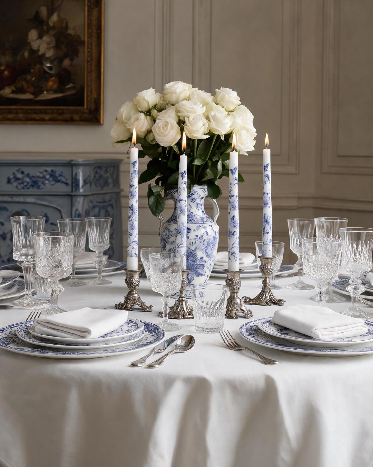 MAITREYA Chinoiserie Taper Candles Blue and White Chinoiserie Decor Candlesticks for Wedding Party Home Table Centerpiece Christmas Halloween Gifts-10Inch,4 Pcs,Lotus