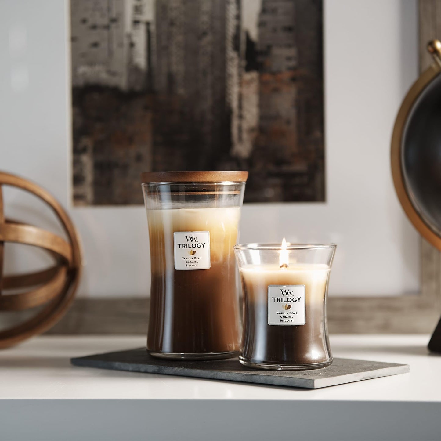 WoodWick Café Sweets Trilogy Holiday Candle Gifts for Women and Men, 9.7 oz Medium Hourglass Trilogy Candle with Crackling Wick