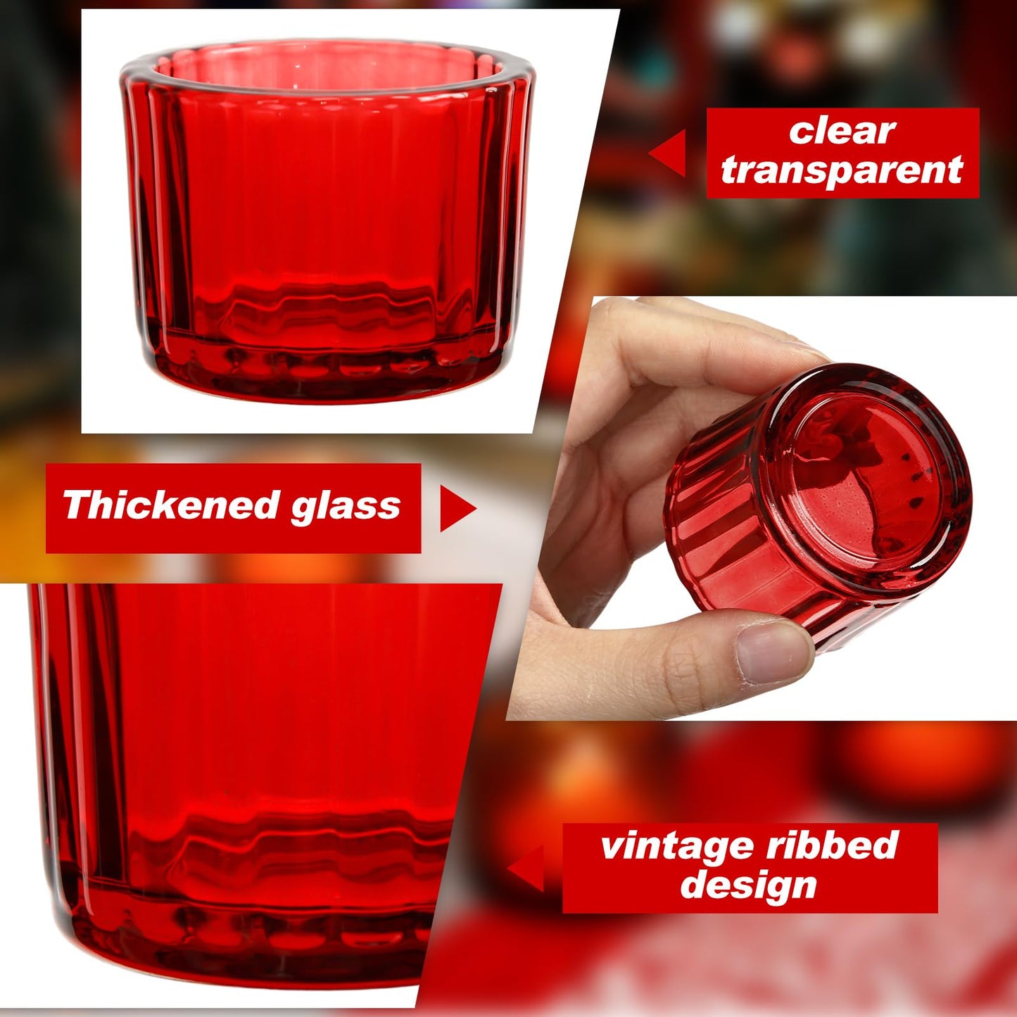 Mumufy 100 Pcs Glass Tealight Candle Holder Ribbed Votive Candle Holder for Centerpiece Wedding Proposal Spa Aromatherapy Meditation Home Decor (Red)