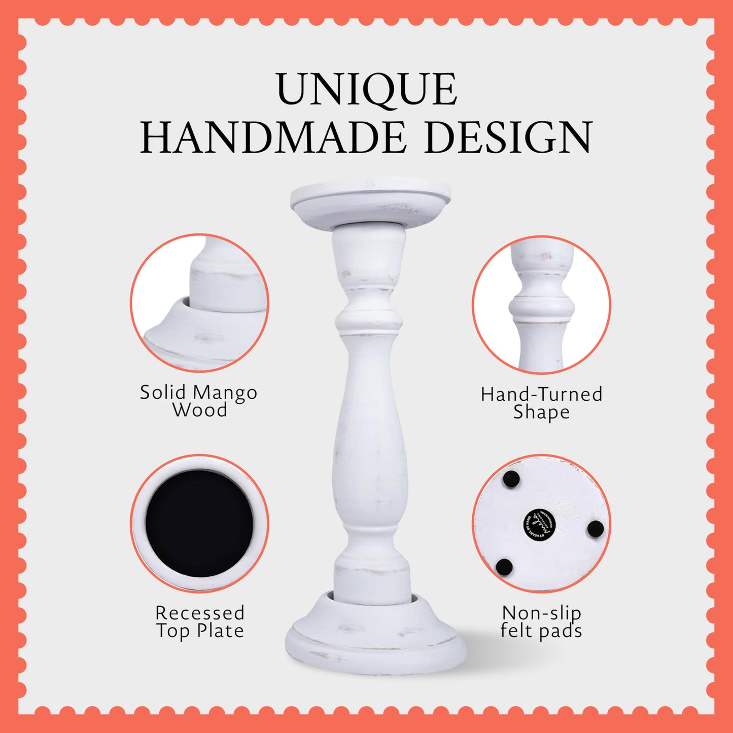 Mela Artisans 6”, 9” & 12” Mango Wood Pillar Candle Holder Set of 3 – Tuli Design Shabby Matte White – Wooden Candle Holders for Table, Mantel & Living Room Décor