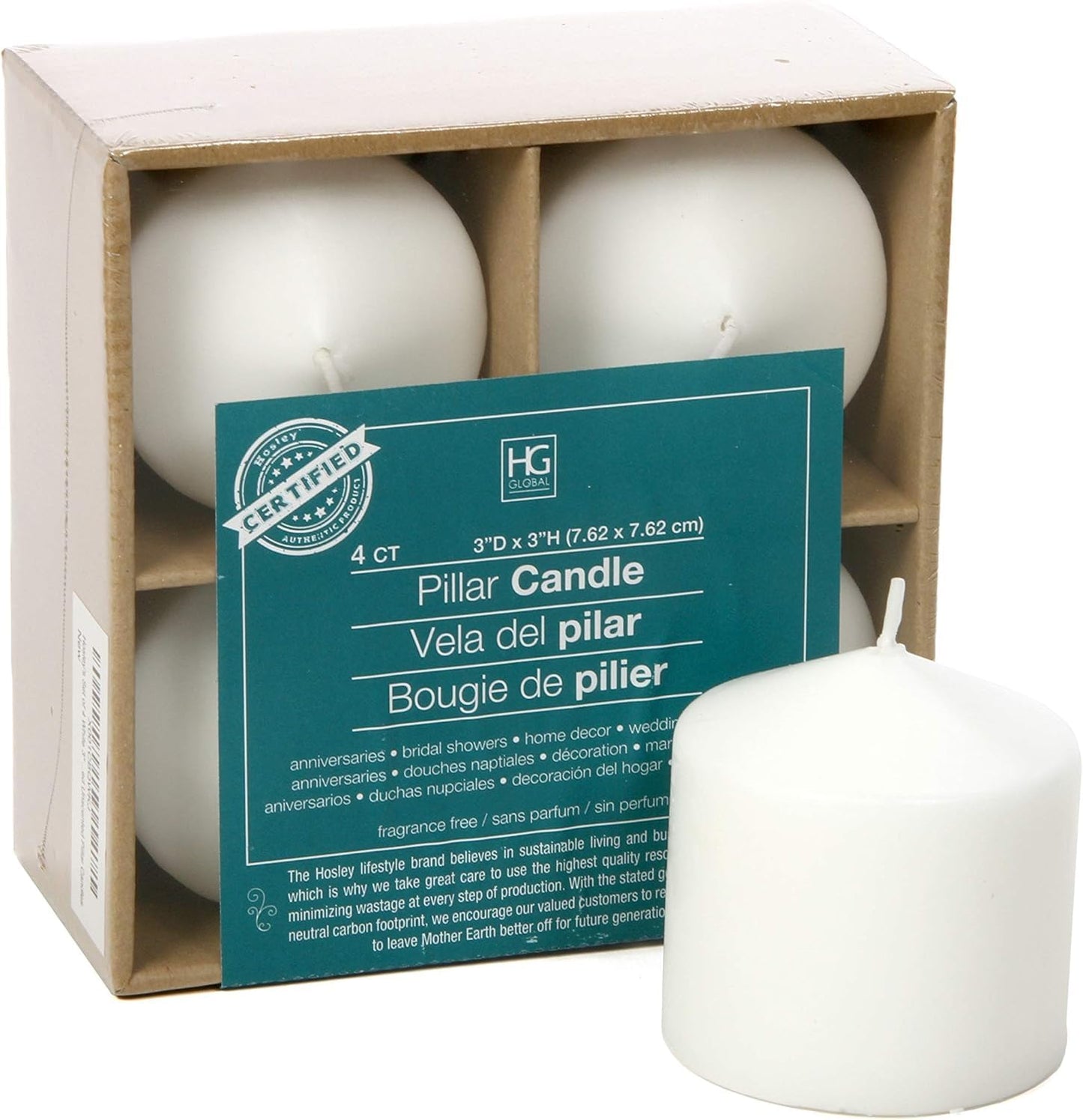 Hosley Set of 2 White Wooden Pillar Candle Holder 7 Inch High Bundle with Set of 4, 3 Inches High, White Unscented Pillar Candles
