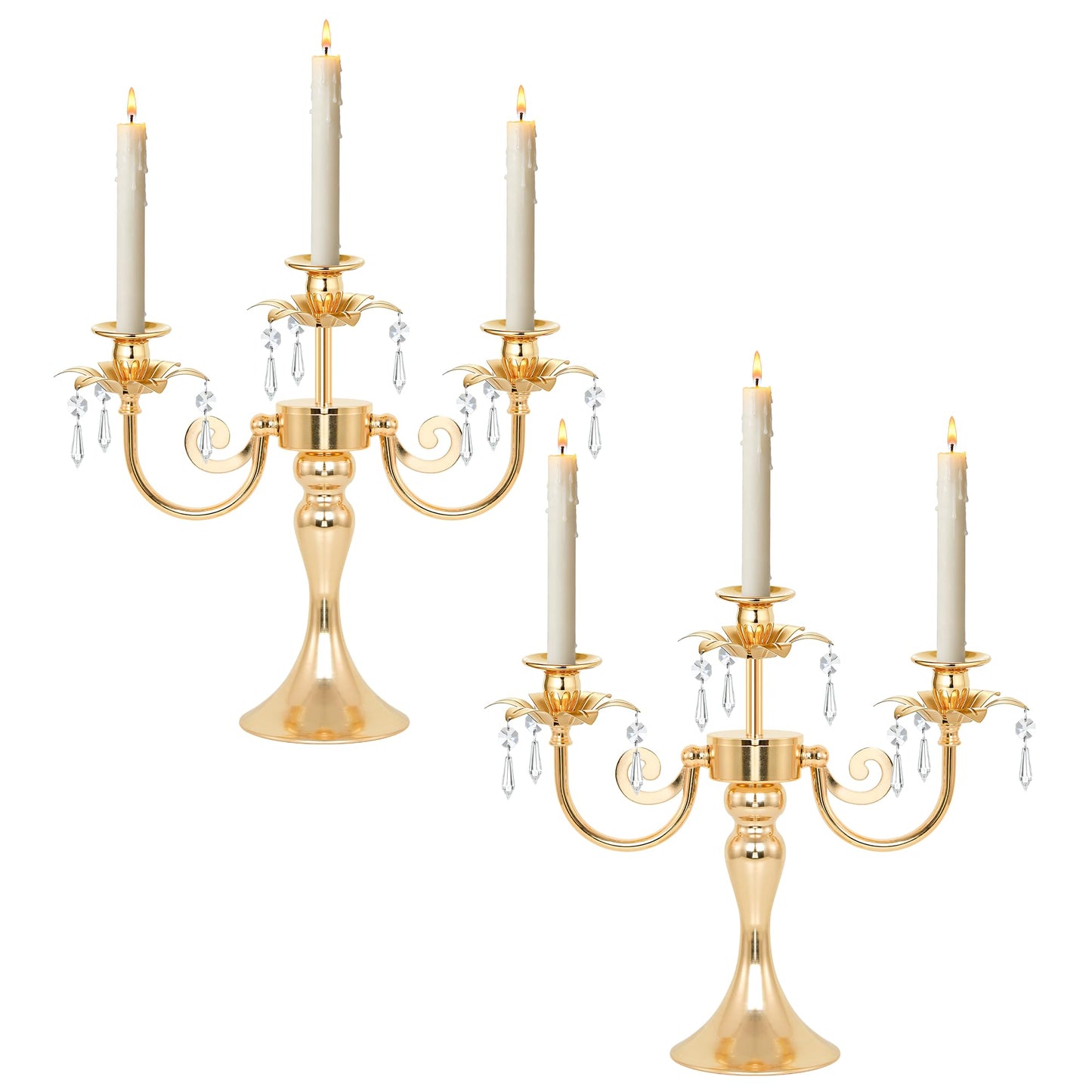 KEHAIL Metal 3 Arm Candelabra with Crystal Pendants - 11.8 Inch Tall Candle Holders, Set of 2 - Elegant Taper Candlestick Stand for Wedding, Dining Table, Christmas Party Home Decoration (2, Gold)