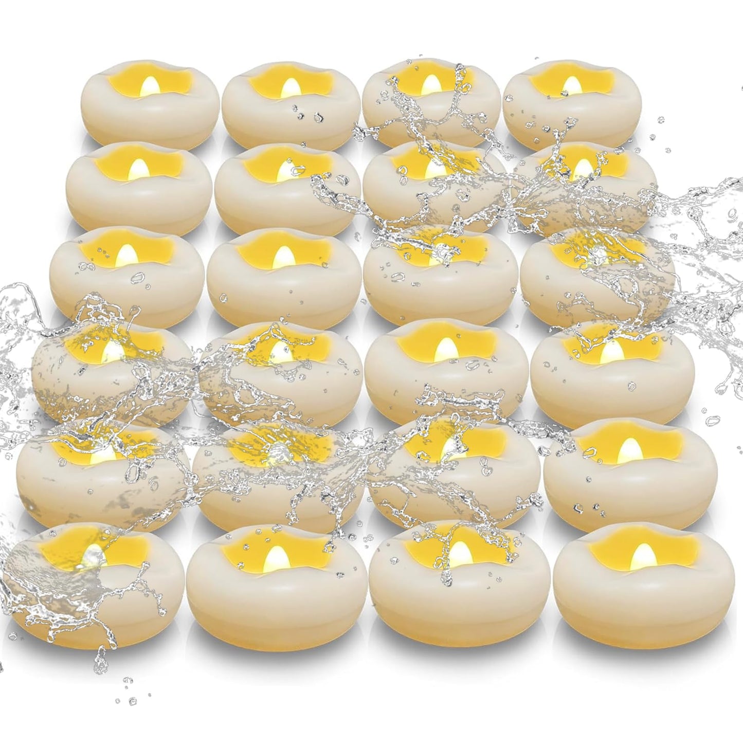Eynshoo 24 Pack Floating Candles,3-Inch Waterproof LED Tea Lights–Realistic Flickering Flame,160-Hour Battery, Flameless&Safe, Auto On/Off for Centerpieces,Pool, Weddings,Halloween, Parties