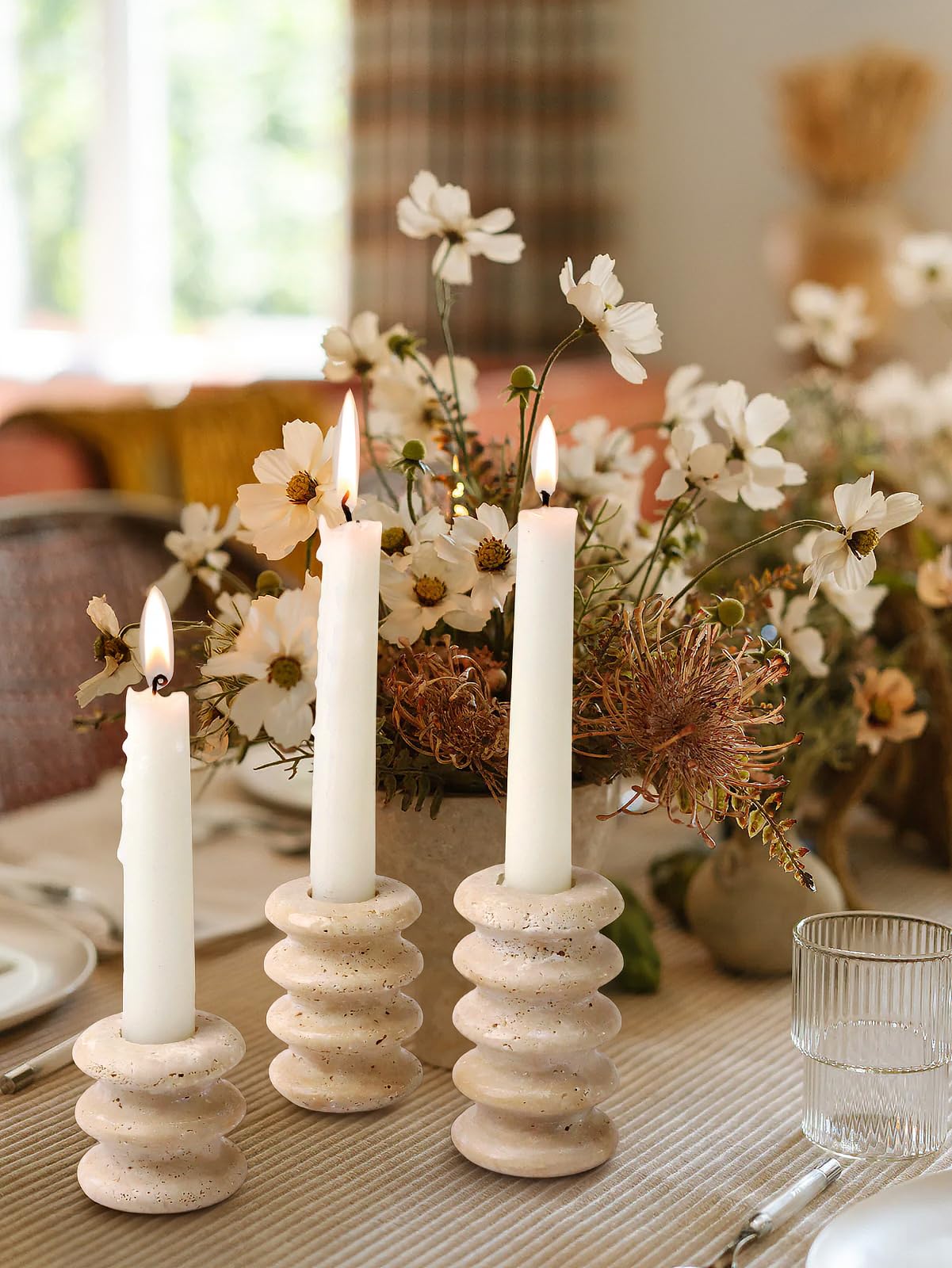 Vixdonos Natural Stone Candle Holder Set of 3 Taper Candle Candlestick Mantle Candle Stand for Home Decor,Wedding,Party and Table Centerpieces(White)