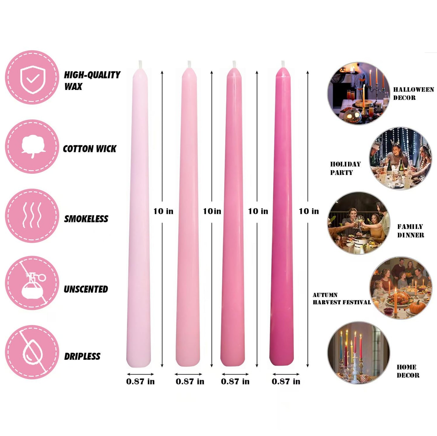 12-Pack Gradient Hot-Pink Taper Candles, 10 Inch Unscented Dripless Candlesticks, Long-Lasting Burn Time of 7-8 Hours, Perfect for Wedding Valentine's Day Dinners Parties and Home Décor