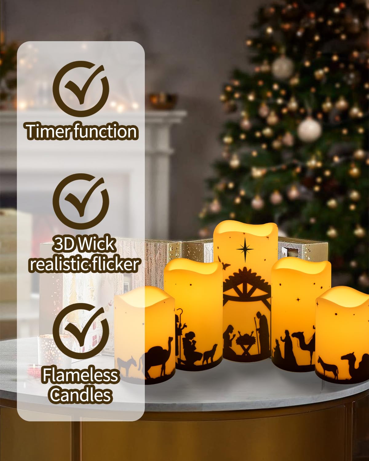 Glflickerow Christmas Nativity Scene Decorations Candle LED Flameless Candles with Timer for Xmas Holiday Home Decor Supplies Set of 5 (Beige)