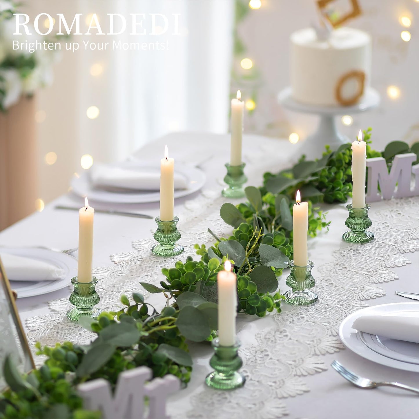 Romadedi Glass Candle Holders for Candlestick - 2 Pcs Green Ribbed Tapered Candle Holder Decor for Table Centerpiece Christmas Party Living Room Dinner Advent