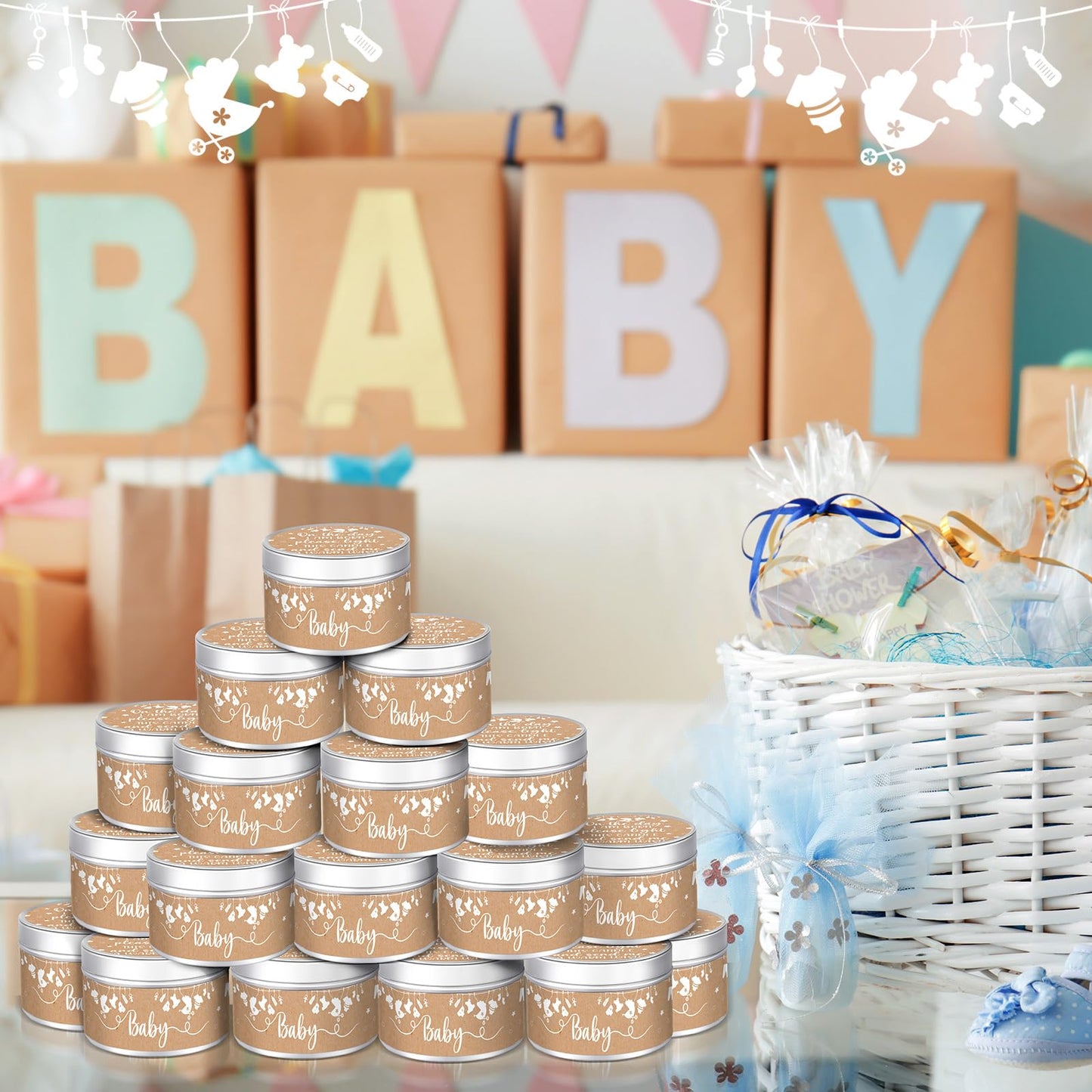MTLEE 24 Pcs Kraft Paper Baby Shower Party Favors Candles Lavender Scented Baby Shower Favors for Guests Rustic Tealights Candles Gender Reveal Return Gifts (1.2 oz, Khaki)