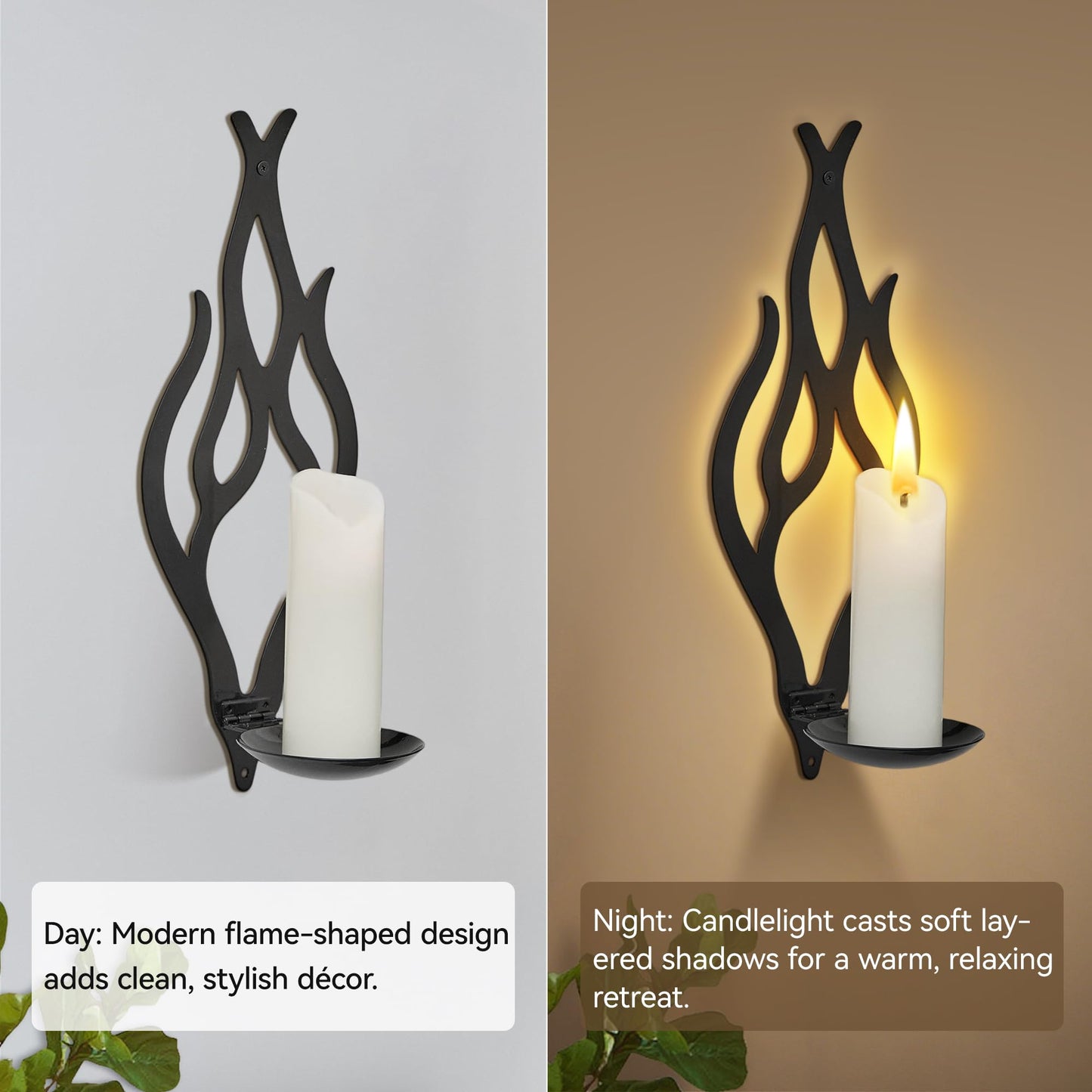 ZYIDBNG Wall Candle Sconces Set of 2, Modern Minimalist Metal Candle Holders for Pillar, Tealight, and LED Candles, Flame-Shaped Decorative Wall Decor for Living Room Dining Room (Black)