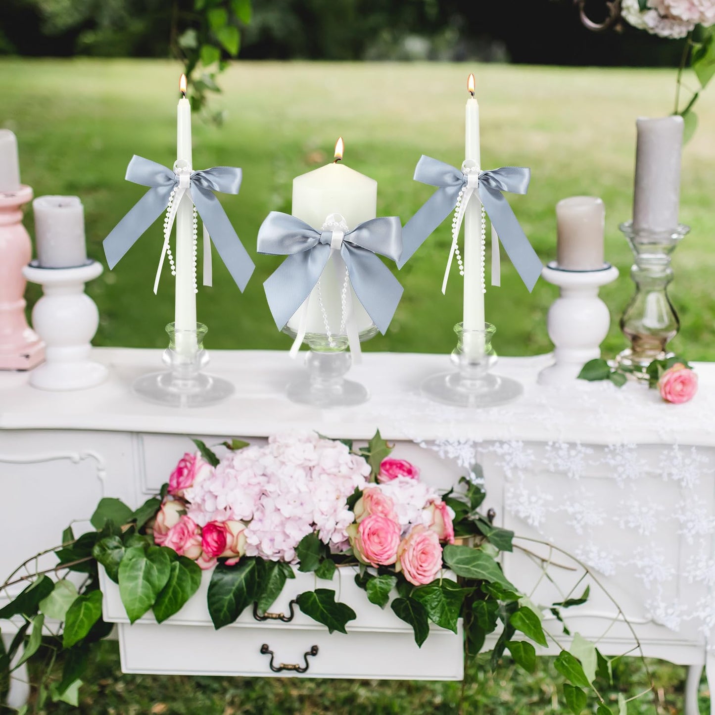 Conelist 3 Pcs Unity Candles for Wedding with Satin Bow and Glass Candle Holder Coquette Unity Pillar and Taper Candles Set Wedding Ceremony Reception Decor for Formal Events Church(Dusty Blue)