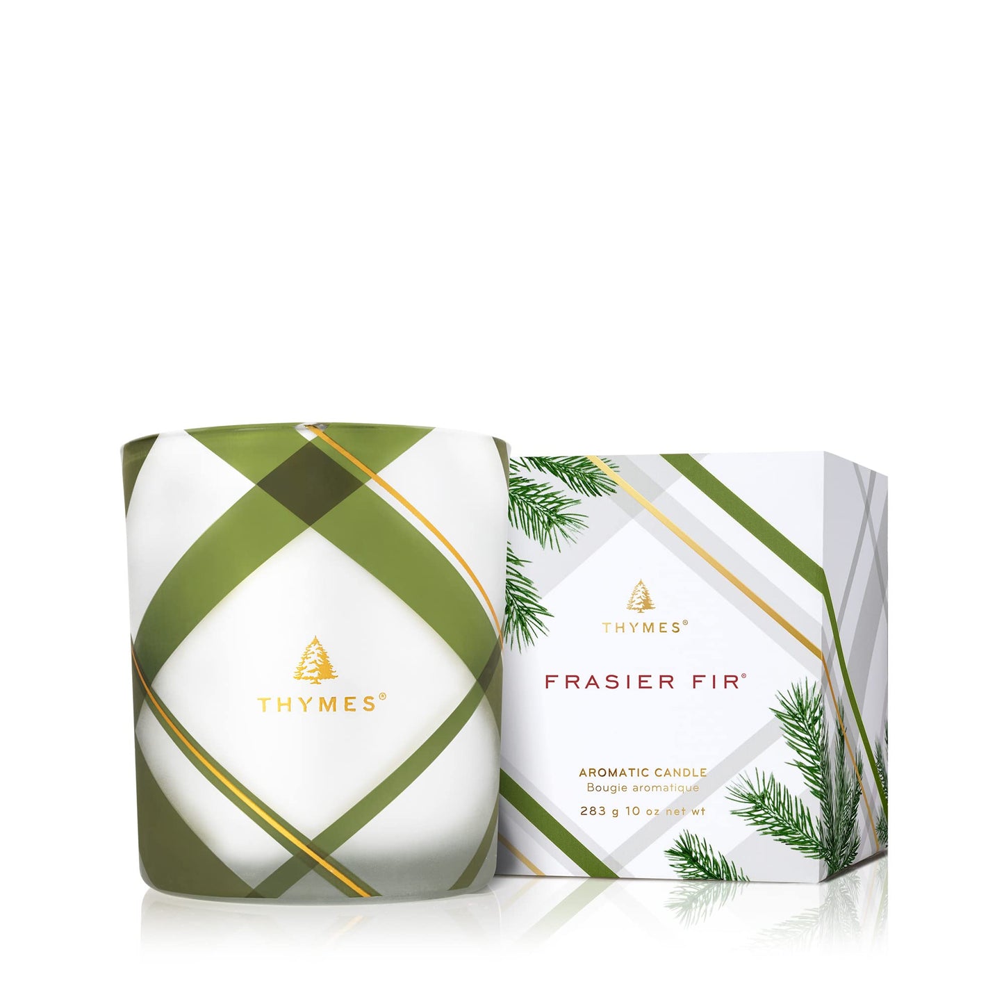 Thymes Frasier Fir Candle – Frosted Plaid Collection – Green & White Glass Jar Design – Scented Candles for Home Decor – Notes of Crisp Siberian Fir, Cedarwood & Sandalwood (Medium, 10 oz)