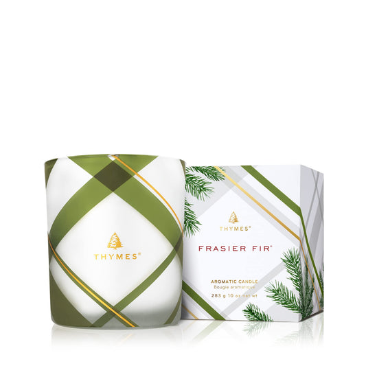 Thymes Frasier Fir Candle – Frosted Plaid Collection – Green & White Glass Jar Design – Scented Candles for Home Decor – Notes of Crisp Siberian Fir, Cedarwood & Sandalwood (Medium, 10 oz)