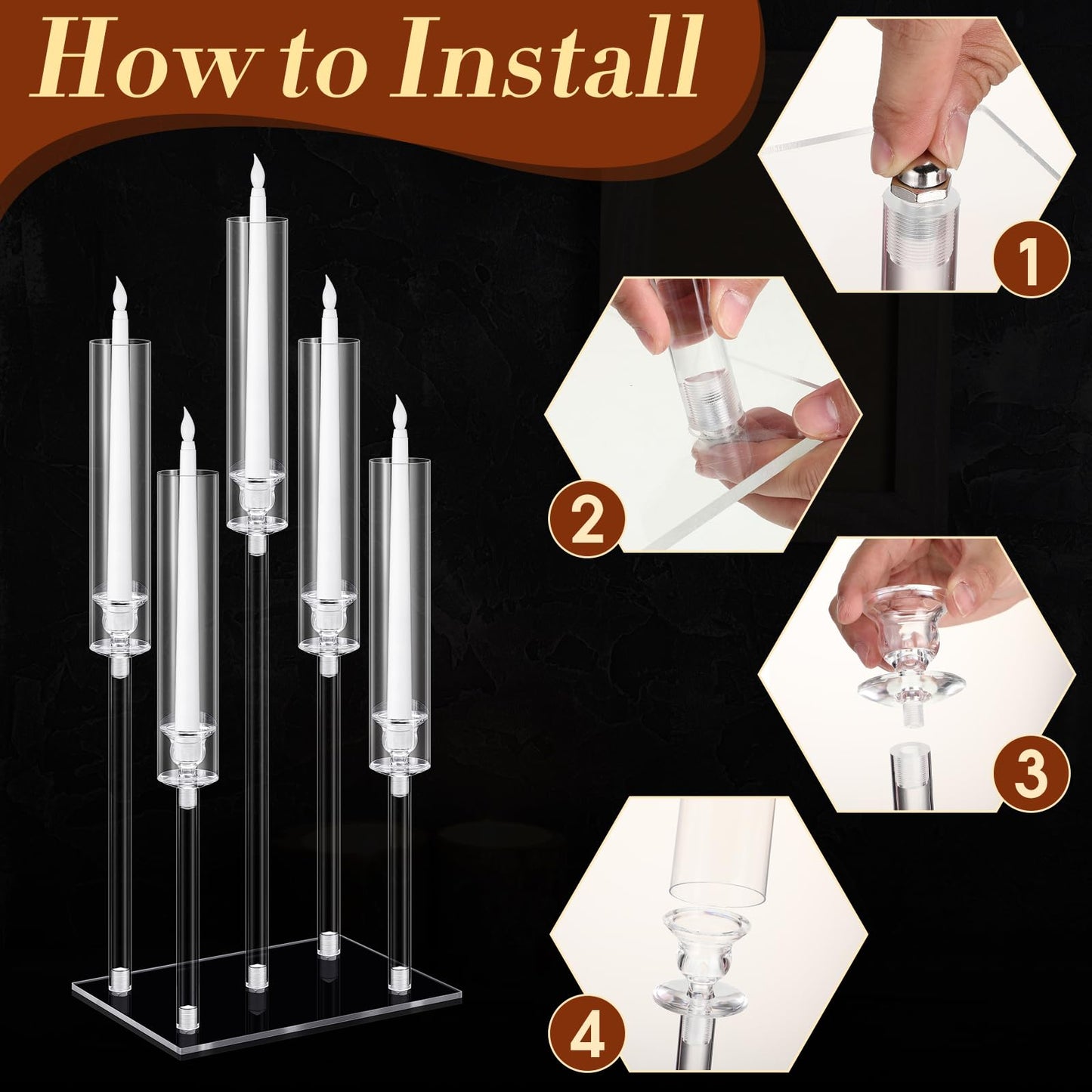 Hushee 4 Set 5 Arms Acrylic Candelabras Centerpieces with 20 Pcs LED Candles Clear Candle Holder Crystal Taper Candlestick with Rectangular Base for Dinner Party Table Fireplace Wedding Decoration