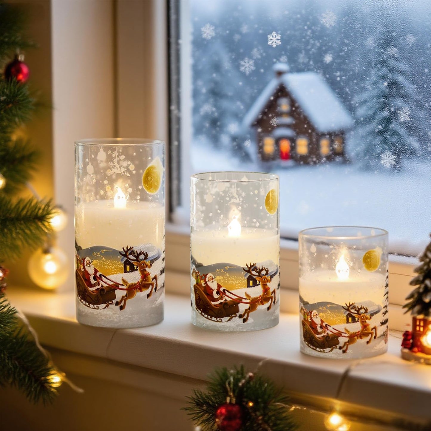 DRomance Santa Glass Flameless Candles Rechargeable Battery Operated with Remote and Timer Real Wax LED Flickering Pillar Candles White Cold Light Window Christmas Holiday Decor D3 x 4",5",6"