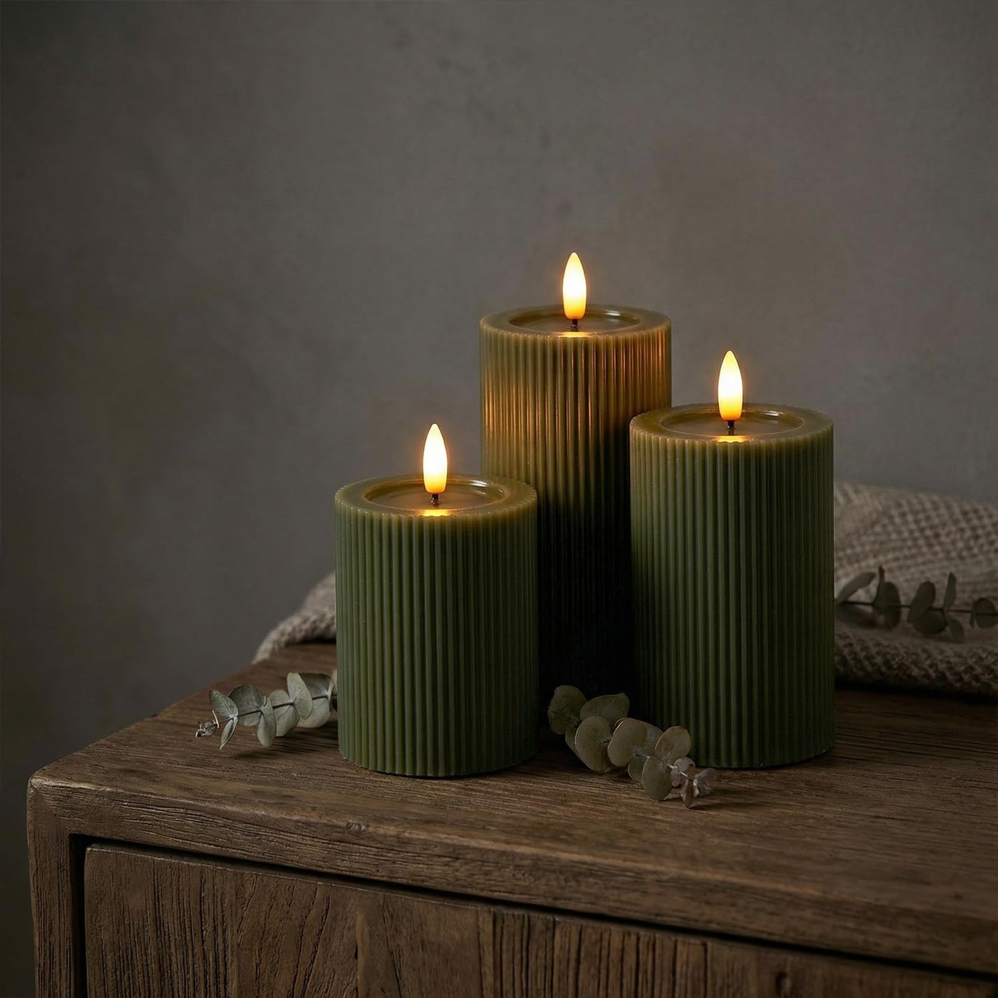 WYZworks Ribbed Fluted Real Wax Flameless LED Pillar Candles, Loden Sage Olive Green, Melted-Wax Top Look, Flickering Flame, Battery Operated, Remote & Timer, Shelf & Wedding Decor (Set of 3)