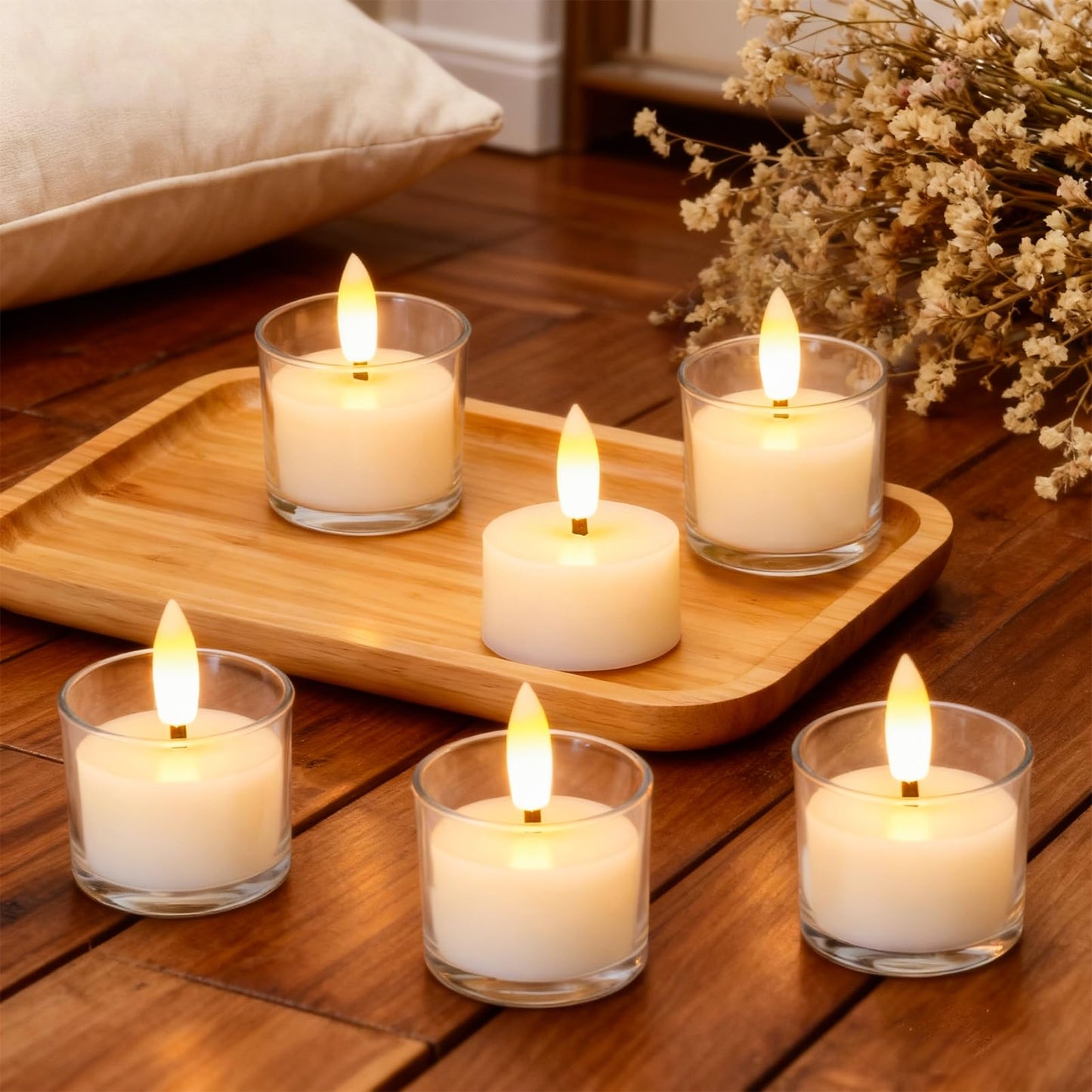 GenSwin Real Wax Tea Lights Candles Battery Operated, Flameless LED Tealights Candles with 6H Timer, 10 Pcs Battery Tea Lights with 3D Flame for Christmas Holiday Home Decor(Ivory, D1.6” x H2”)