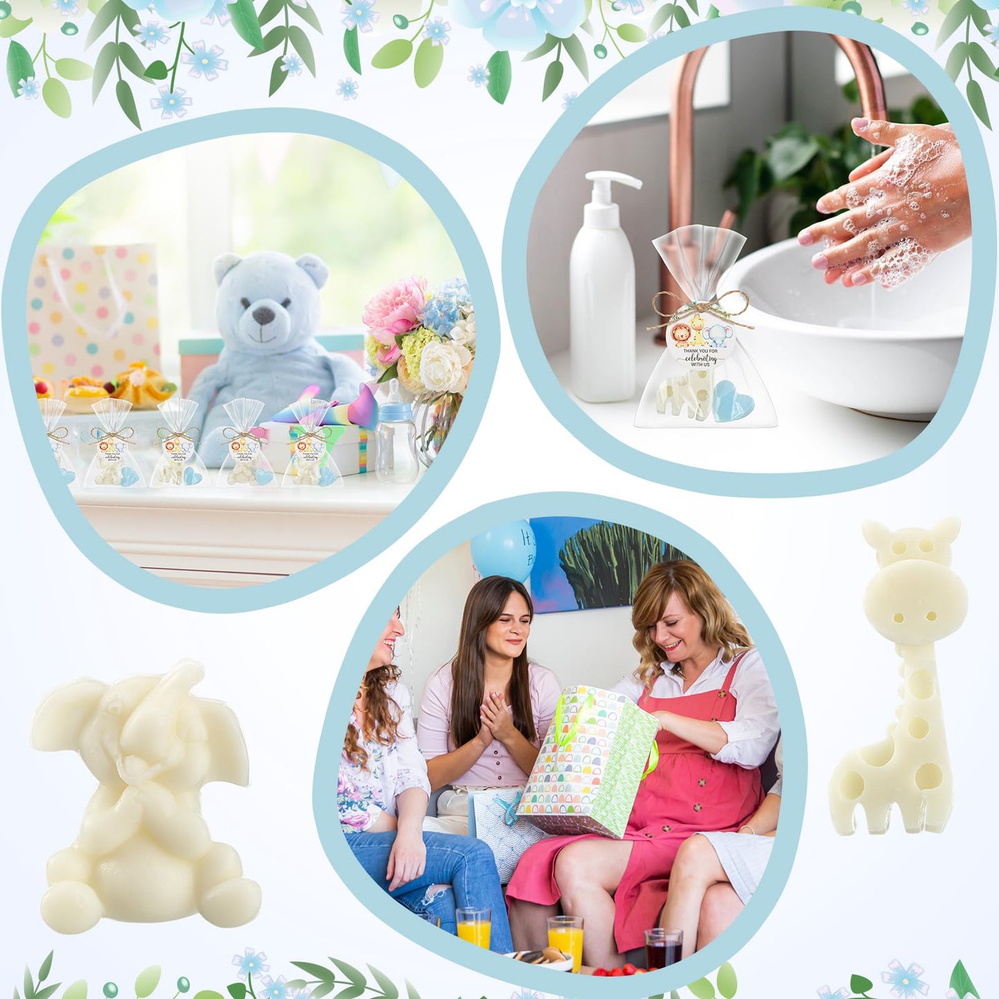 Demissle 20 Sets Safari Animal Baby Shower Soaps Favors for Guests Jungle Greeting Card Bath Gift for Birthday (Blue)
