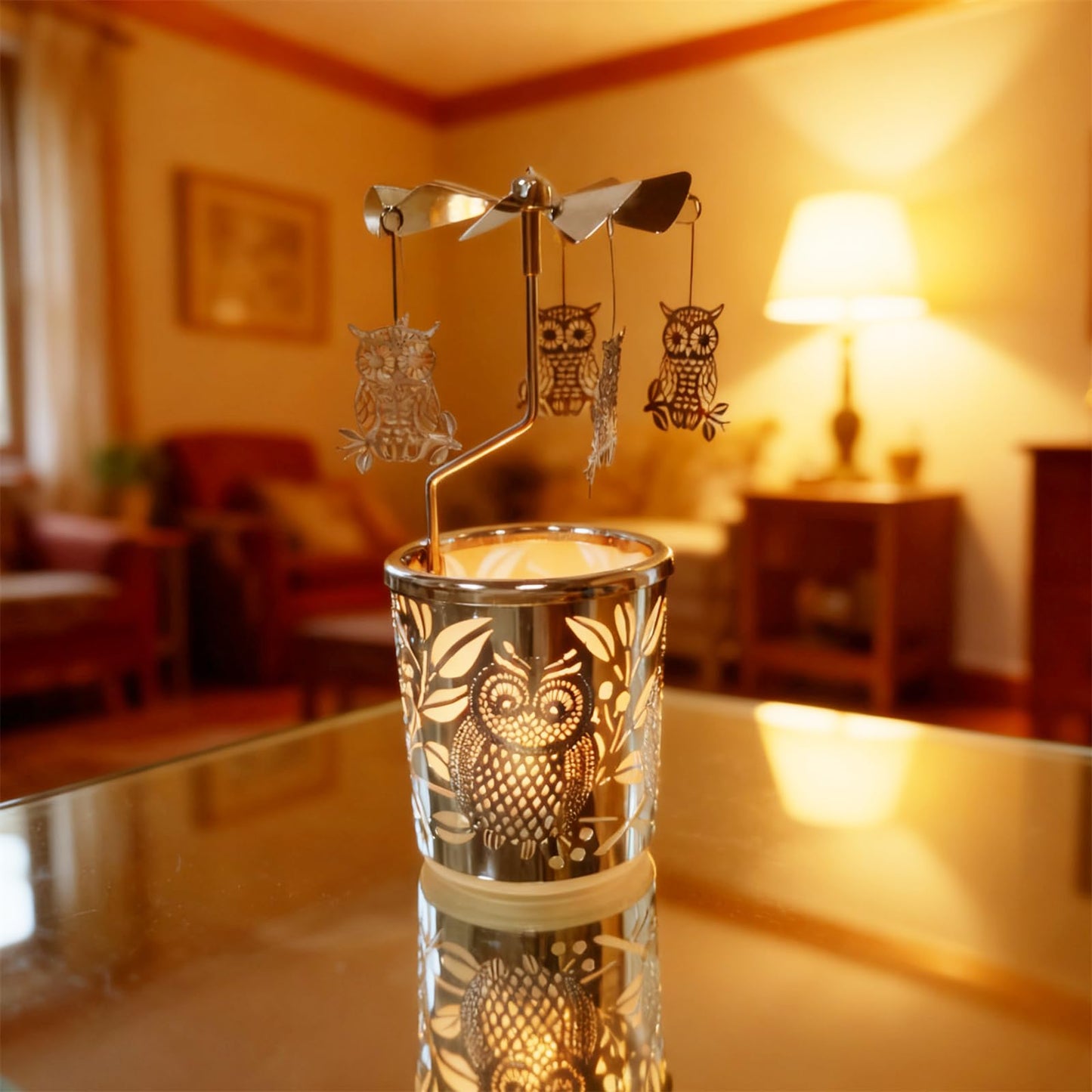 Carousel Rotary Candle Holder Spinning Birthday Gifts for Women, Mom, Wife, Girlfriend, Sister, Her, Metal Windmill Tea Light for Female Friends (Silver owl)