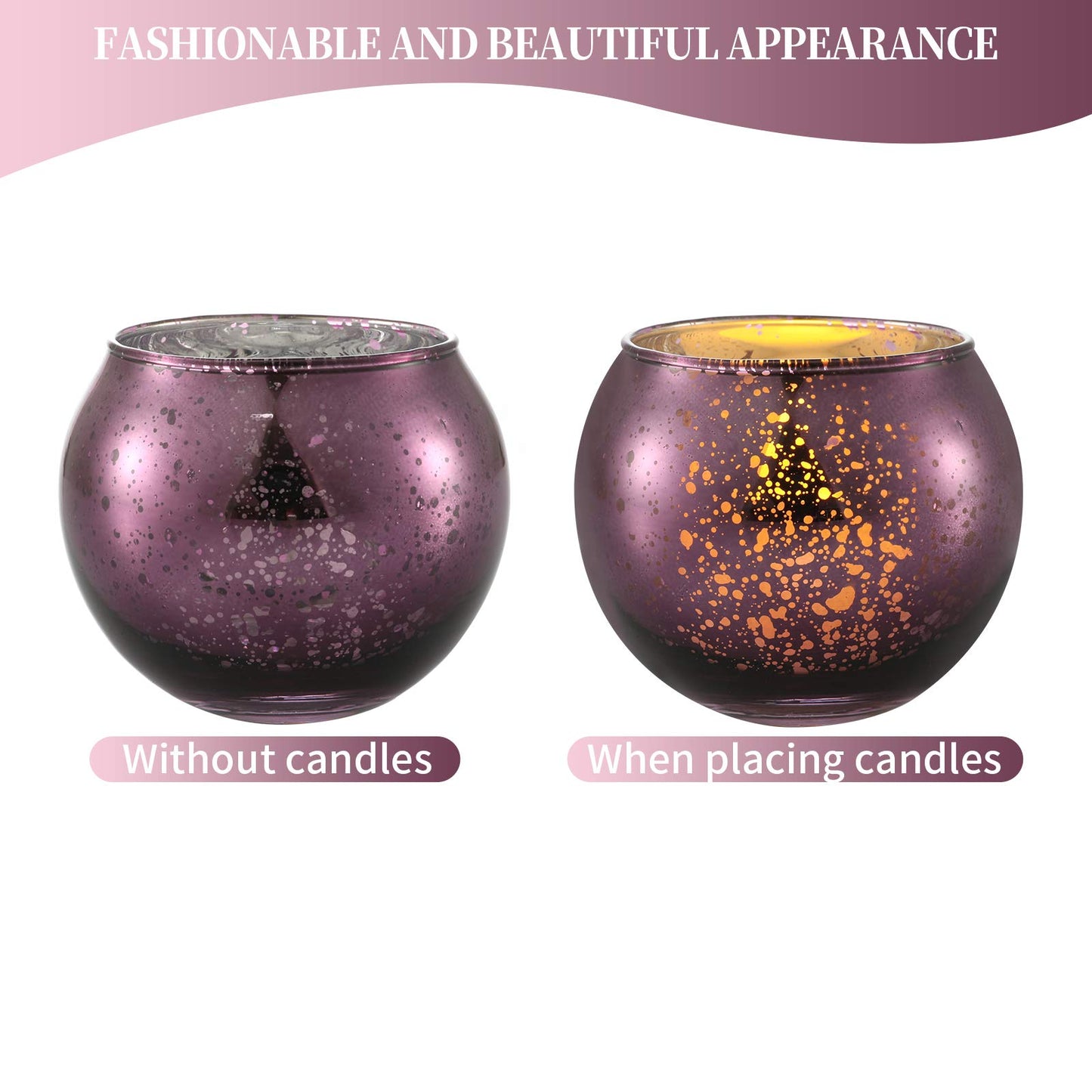 DerBlue 16Pcs Round Mercury Glass Votive Candle Holders for Wedding Centerpieces, Valentines Dinner, Garden Tub and Any Theme Events (Purple)