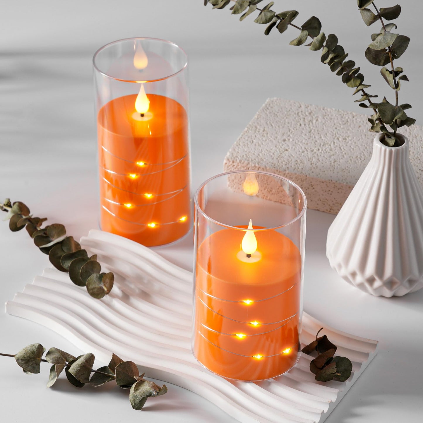 Da by 3 Pack Orange Transparent Acrylic Flameless Taper Candles, Flickering Black Wick LED Candles with Fairy String Lights, Heat Resistant ABS Candles with Remote for Indoor Outdoor Decor