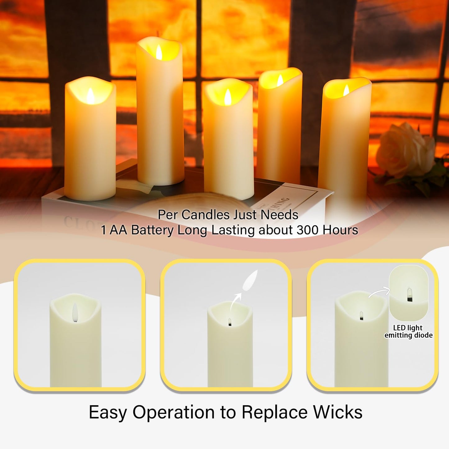 kakoya Flickering Flameless Candles, Battery Operated Acrylic LED Pillar Candles with Remote Control and Timer,Set of 9 (Ivory)