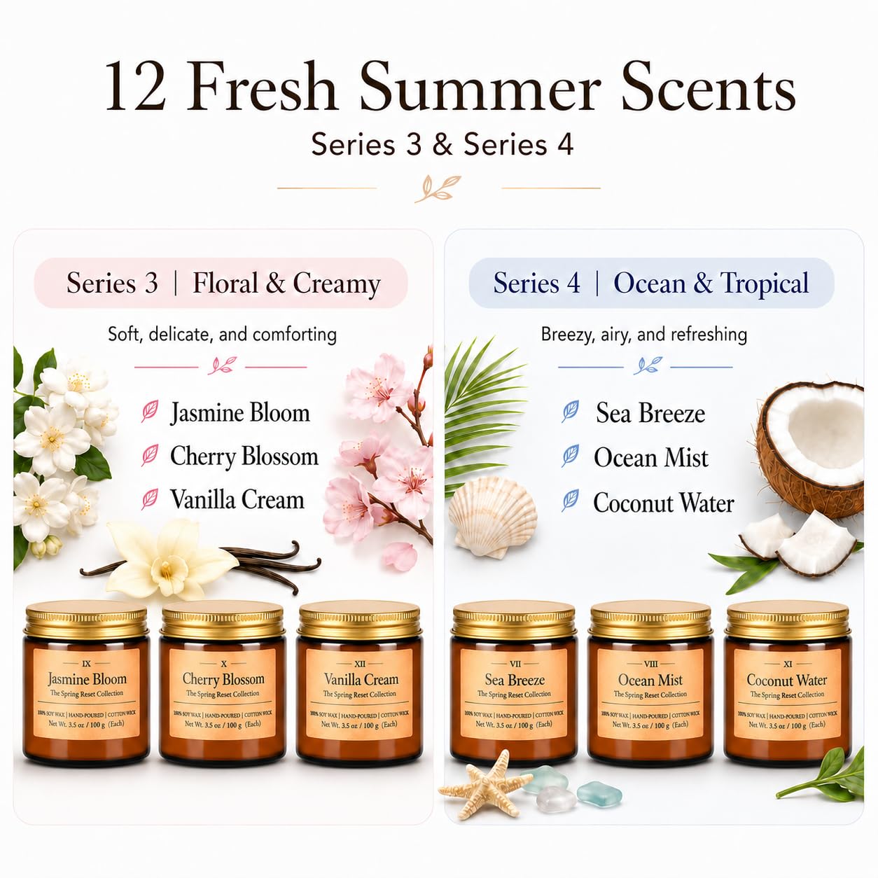 12 Pack Summer Scented Candles, 3.5 oz Amber Glass Jar Soy Candle Set, 8% Essential Oil Blend, Gifts for Women Birthday Housewarming