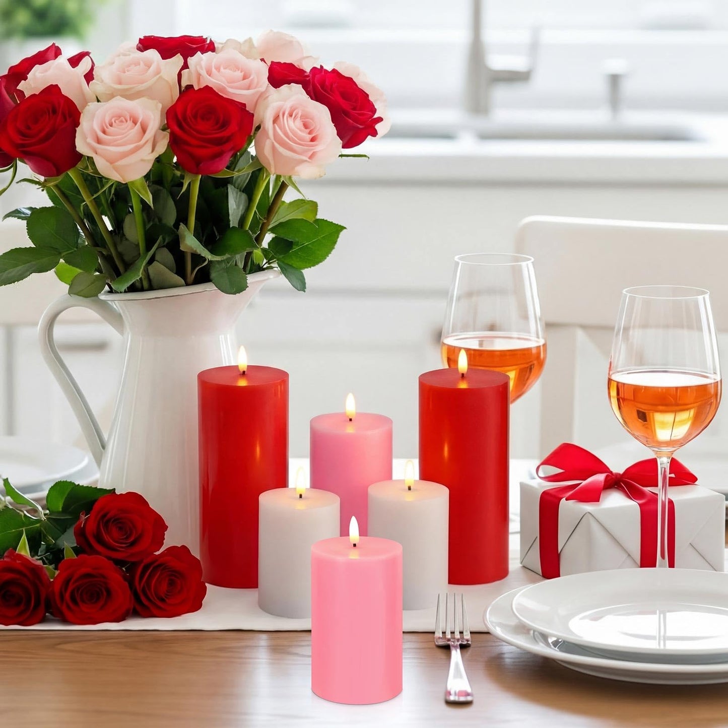 Grinsvalley 6 Pcs Mother's Day Flameless Candles LED Flameless Pillar Candles Wax LED Fake Candle with Remote and Timer Flickering H 4" 5" 6" for Home Table Dating Wedding Party Decor