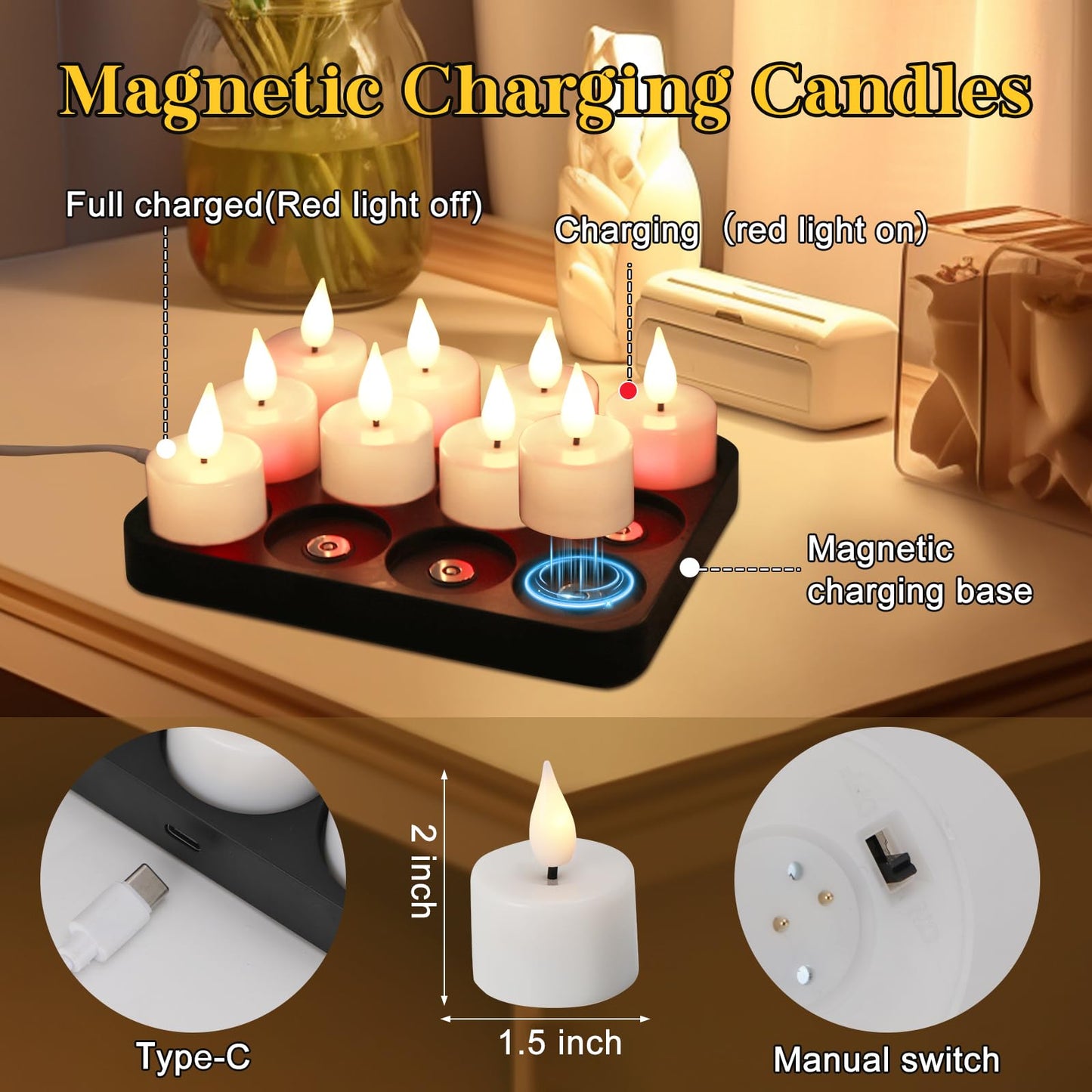 yunsheng Rechargeable Tea Lights Charging Base and Remote Timer, 12Pcs Battery Operated Tea Light, LED Flameless Votive Candles for Home Wedding Party Decor(White)