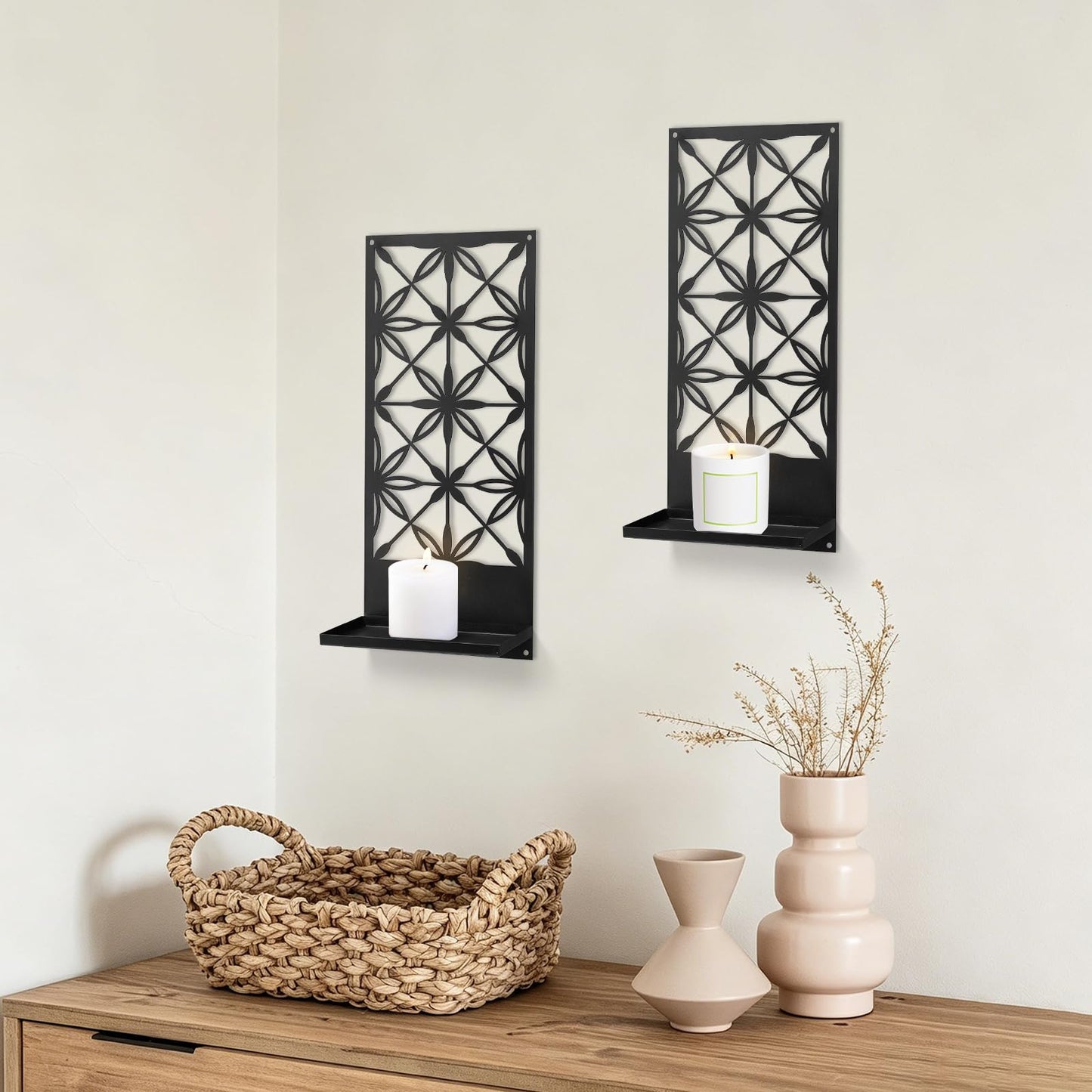 Doodlream 2 Pack Candle Wall Sconces, Retro Black Metal Wall Candle Holders, Foldable Floating Shelves with Rectangle Floral Geometric Back, Farmhouse Wall Decor for Entryway Living Room Bedroom