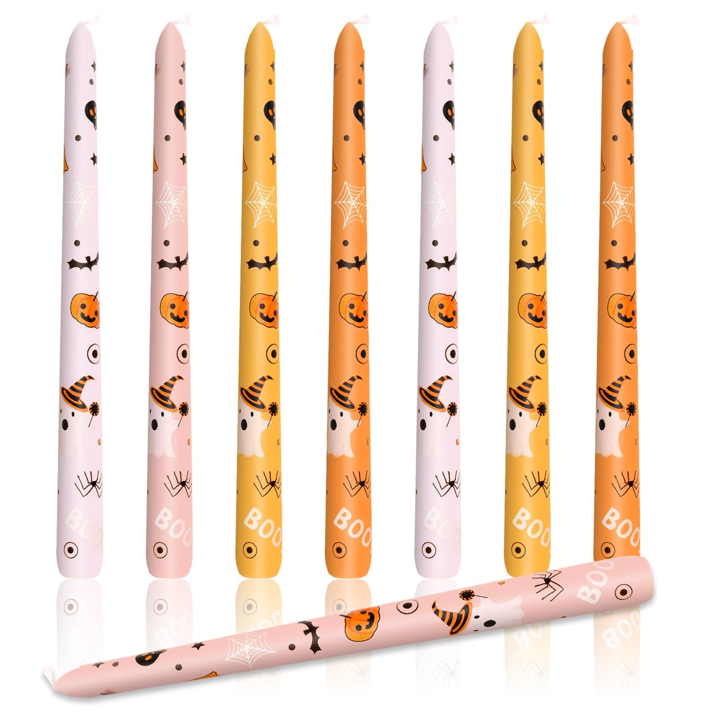 Whaline 8Pcs Halloween Taper Candles 10 Inch Orange Pink Ghost Pumpkin Decorative Candles Long Unscented Candle Sticks for Trick or Treat Party Home Table Decor