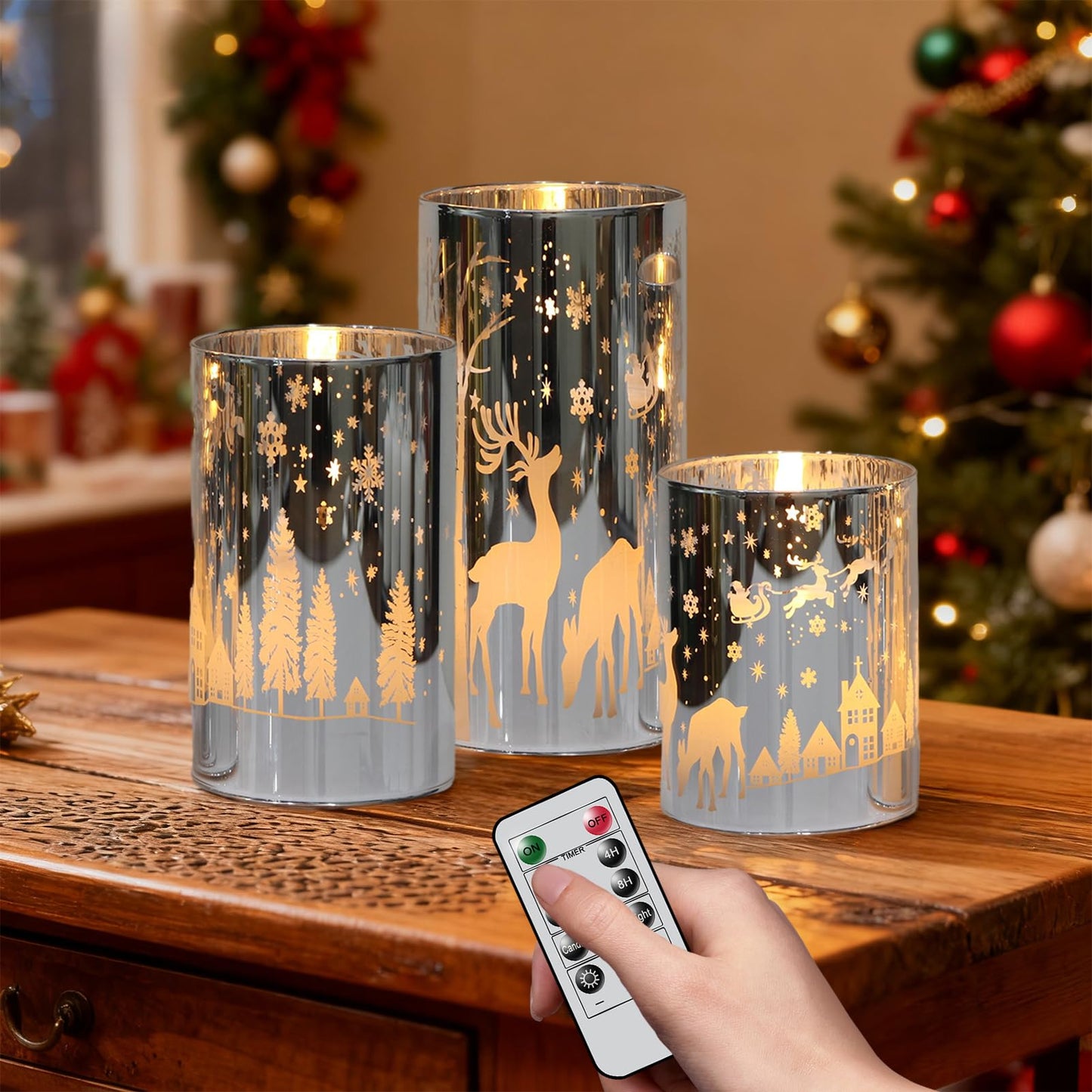 DRomance Christmas Flameless Candles Battery Operated with 10-Key Remote and Timer 3D Wick Flickering Electroplating Glass Reindeer LED Candles Indoor Holiday Decorations(Silver, 3" D x 4", 5", 6" H)